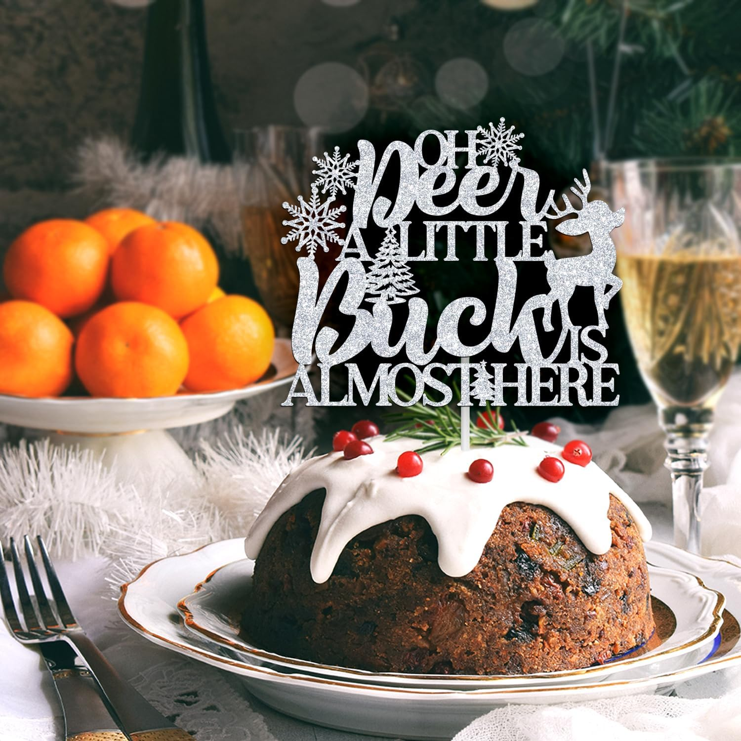 Oh Deer, a Little Buck Is Almost Here Cake Topper, Welcome Baby/We Can Bearly Wait, Winter Christmas Themed Pregnancy/Baby Shower/Gender Reveal Party Decorations Supplies, Sliver Glitter image number 3