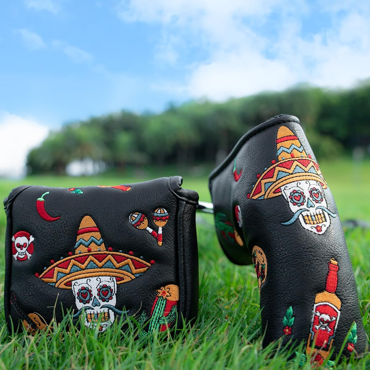 Golf Club Headcover for Drivers, Fairway Woods, Hybrids, and Mallet Blade Putter Sugar Skull Style Premium Leather Golf Headcovers Set with Interchangeable No. Tags image number 3