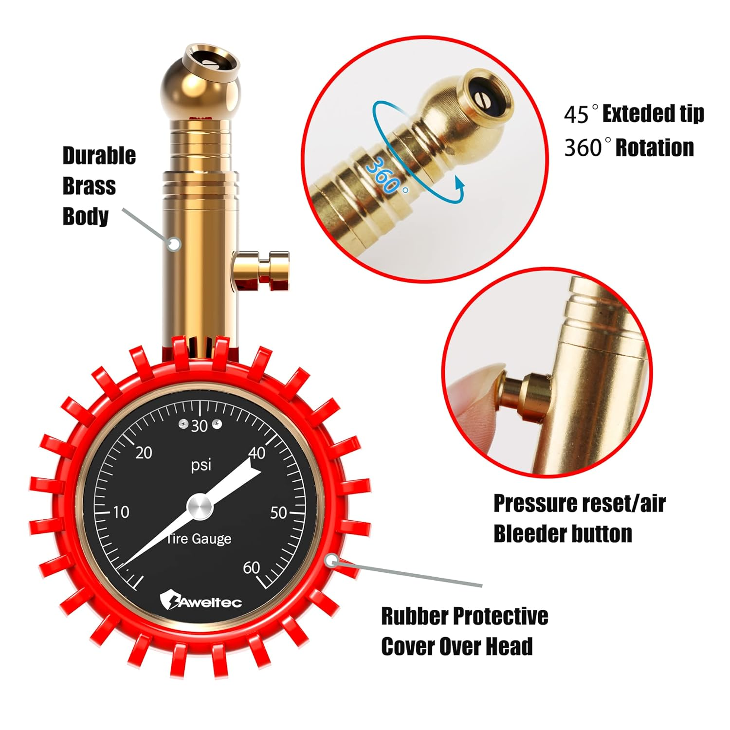 Tire Pressure Gauge 0-60 PSI - Heavy Duty Tire Gauge High Accurate with Large 2 Inch Easy to Read Glow Dial, Low &ndash; High Tire Gauge for Car, SUV & Truck Tires image number 1