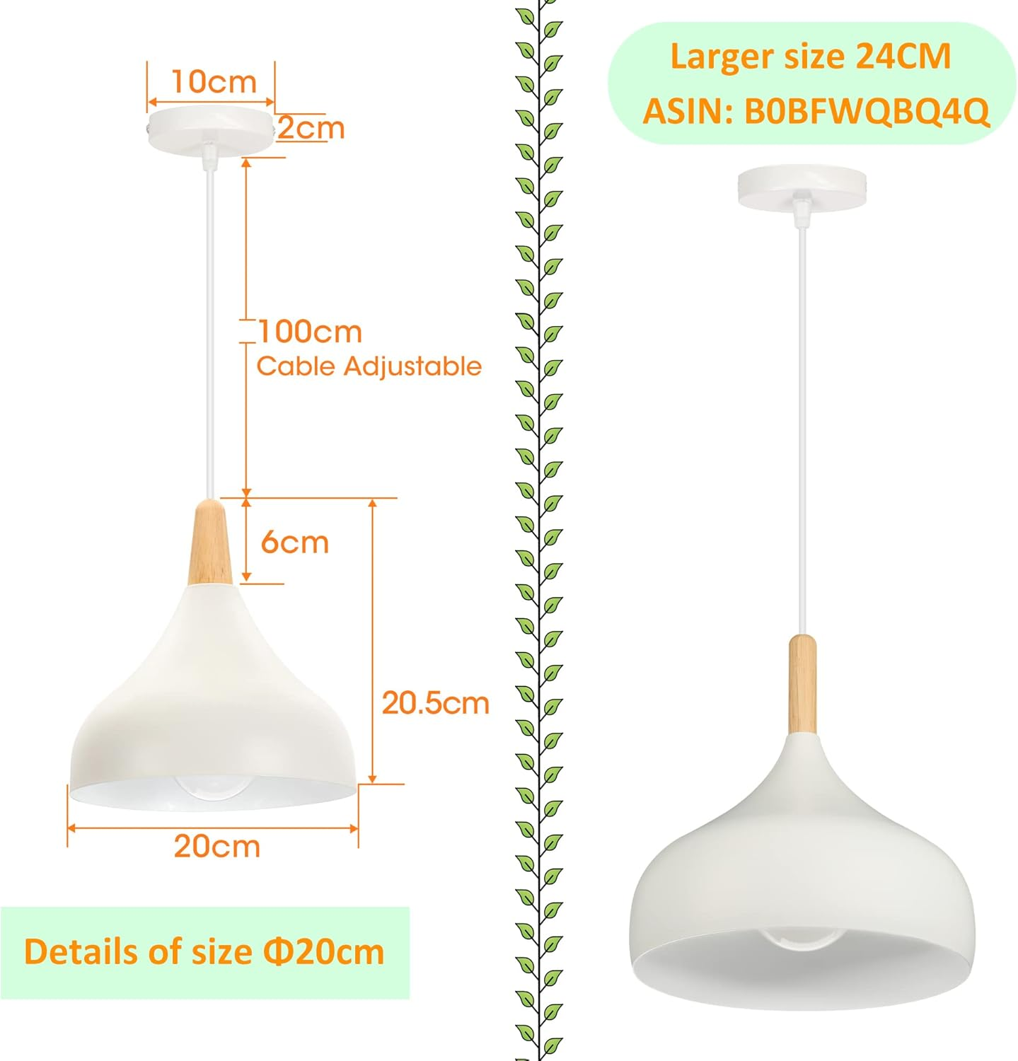 Idegu Set of 2 Retro Pendant Light Modern Style Drop Hat Ceiling Light E27 Metal Pendant Lamp for Bedroom, Dining Room, Kitchen, Diameter 20 Cm (White) image number 1