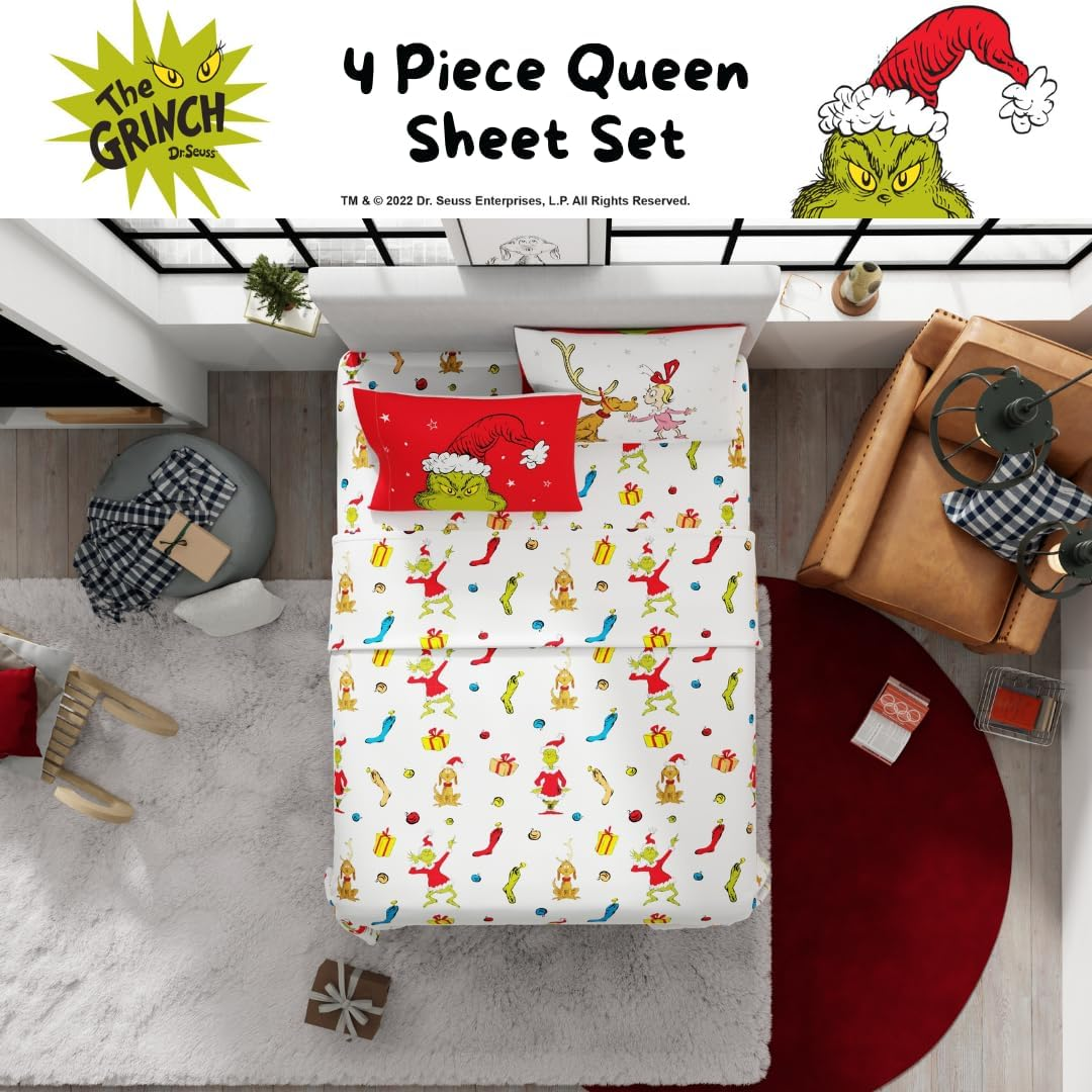 Franco Collectibles Dr. Seuss the Grinch Holiday & Christmas Bedding Super Soft Microfiber 4 Piece Queen Sheet Set, (Officially Licensed Product) image number 2