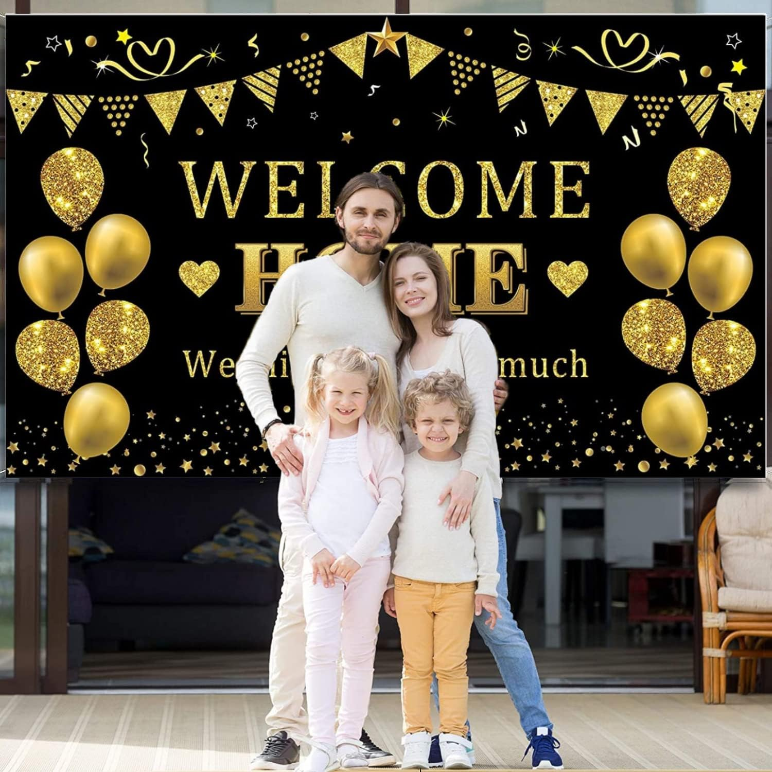 Yuanbigtai Welcome Home Banner Decorations, Black Gold Welcome Home Backdrop, We Missed You so Much Party Decor, Family Reunion Patriotic Military Homecoming Returning Party Supplies 70.8 X 43.3 Inch