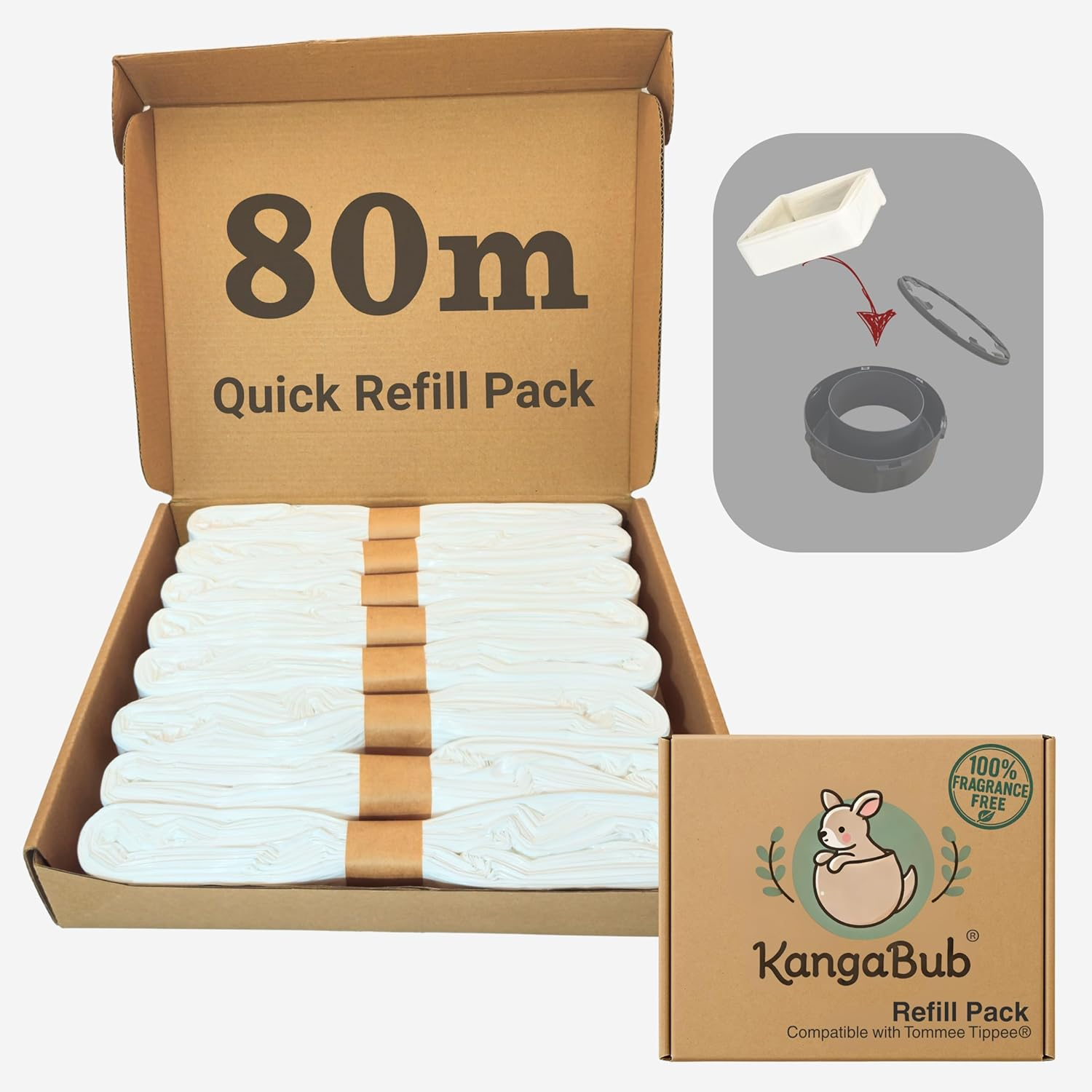 Kangabub 8-Pack 80M Nappy Bin Refills Compatible with Tommee Tippee Twist & Click, Sangenic Tec & Simplee Locks in Odours with Gas Barrier Film Eco-Friendly Package Fragrance-Free