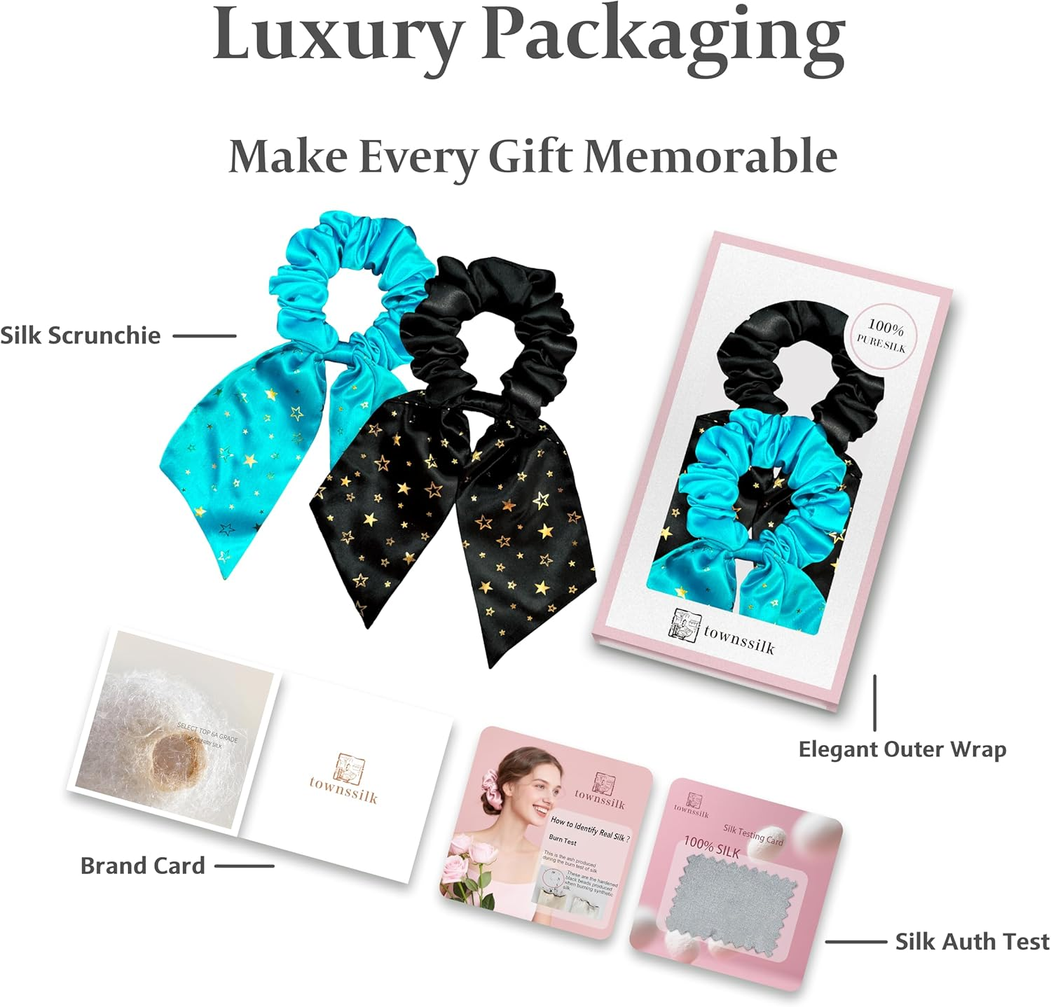 Townssilk Silk Scrunchie Set of 2 with Bow, 100% Mulberry Silk Hair Scrunchie, Voluminous & Gentle, Oeko-Tex Certified - Black + Blue image number 4