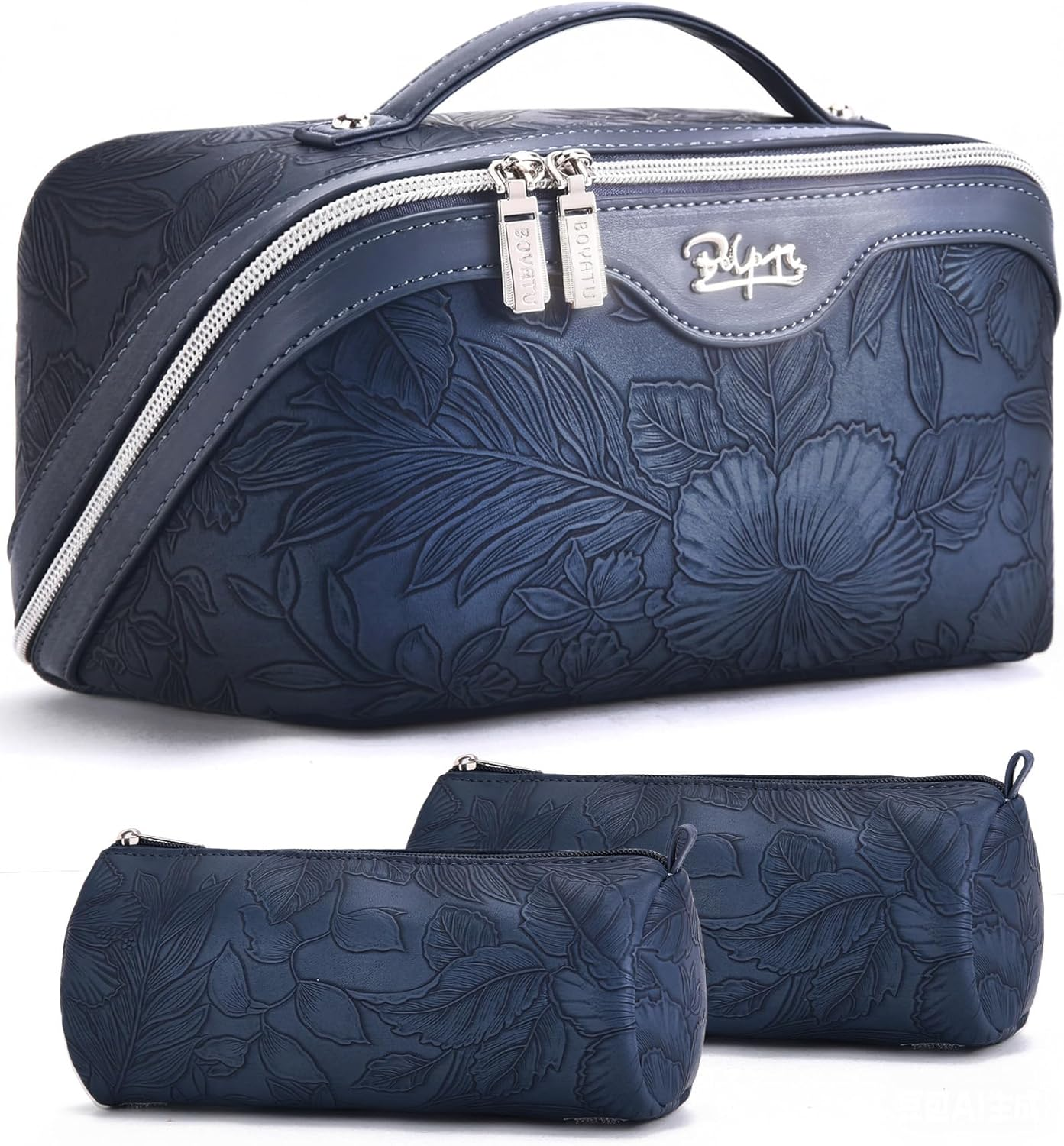 BOYATU Travel Makeup Bags Cosmetic Organizer Bag: 3-Set Large Capacity Make up Bag - PU Leather Toiletry Bags for Women - Wide Open Portable Pouch with Divider & Handle, 01-Light Blue, Travel