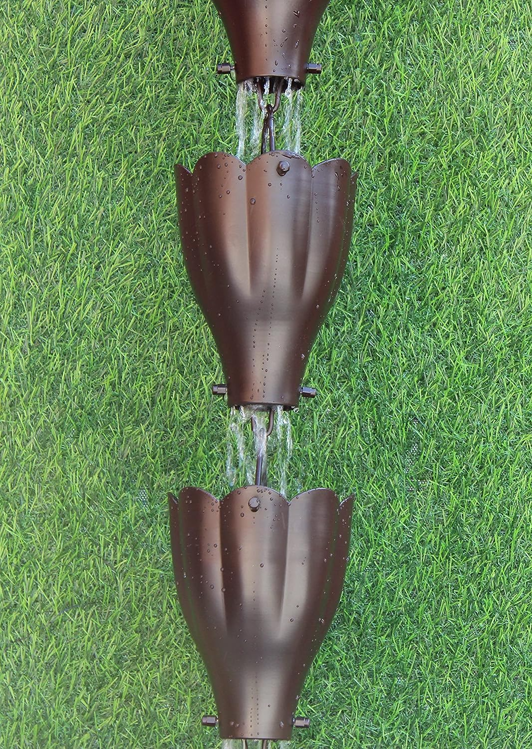 KAM Home XL Scallop Aluminium Cups Bronze Rain Chain (8.5Foot) with Brass Bolt Gutter Adapter for Rain Chain Installa, Standard image number 3