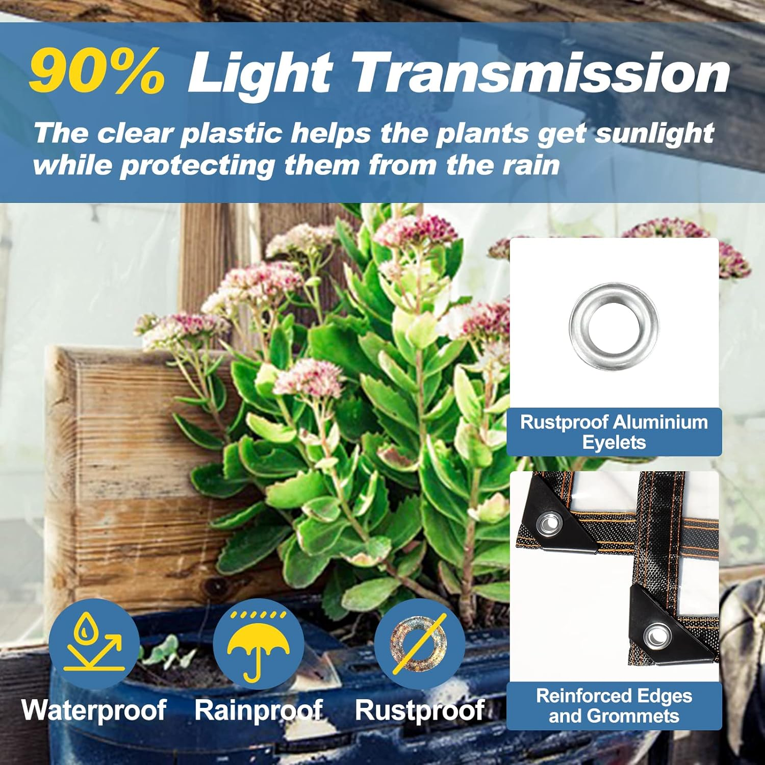 UCINNOVATE Clear Tarp 10X10 FT Waterproof Tarp Cover with Grommets Every 20 Inches, Heavy Duty Clear Plastic Sheeting Tarp for Patio Greenhouse Deck Porch Enclosure Chicken Coop Window Winter Blocking image number 3