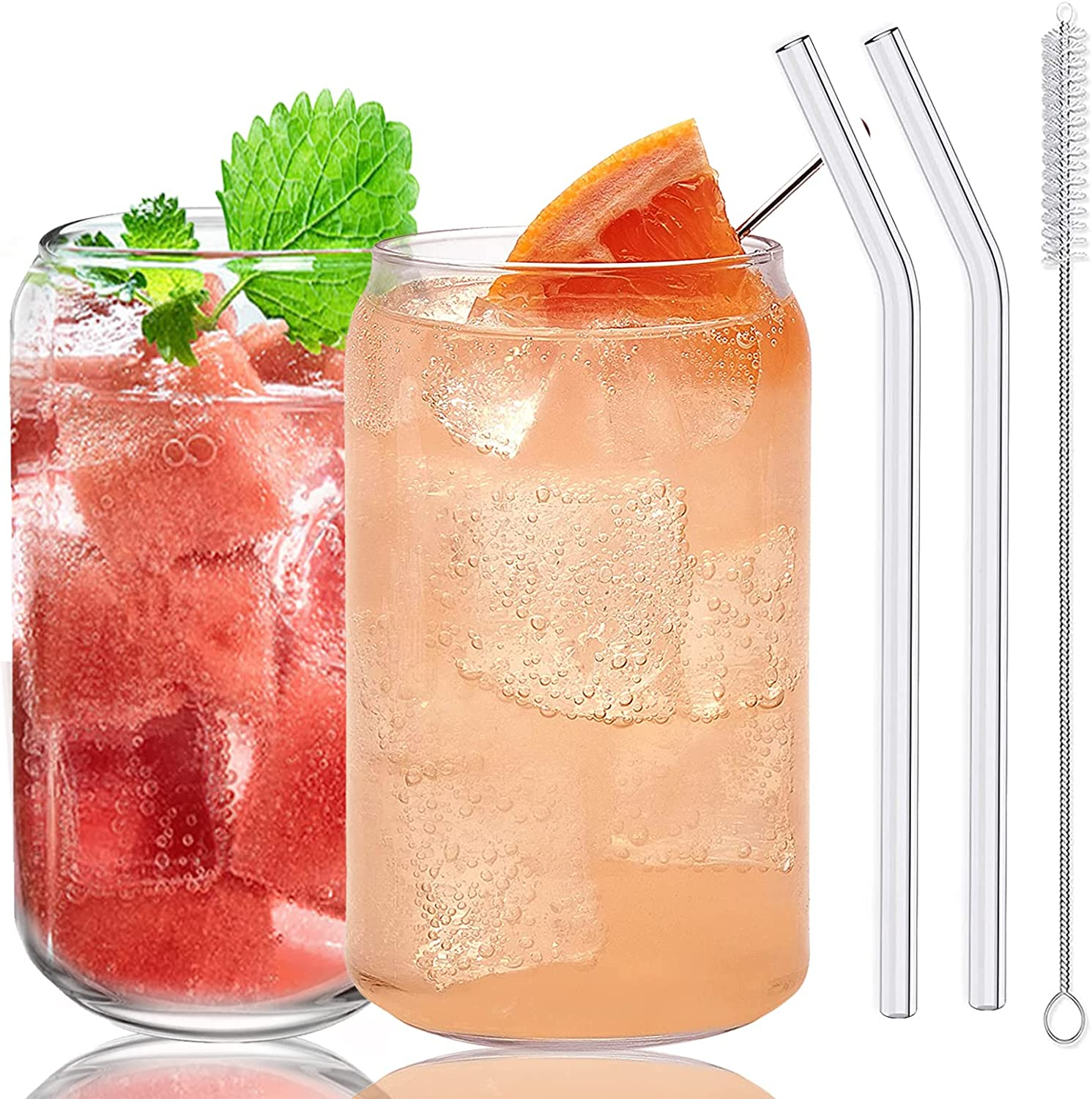 Drinking Glasses with Glass Straw 2Pcs Set - 16Oz Can Shaped Glass Cups, Beer Glasses, Iced Coffee Glasses, Cute Tumbler Cup, Ideal for Whiskey,Tea， Soda,Water, Gift - Cleaning Brushes (Two Packs)