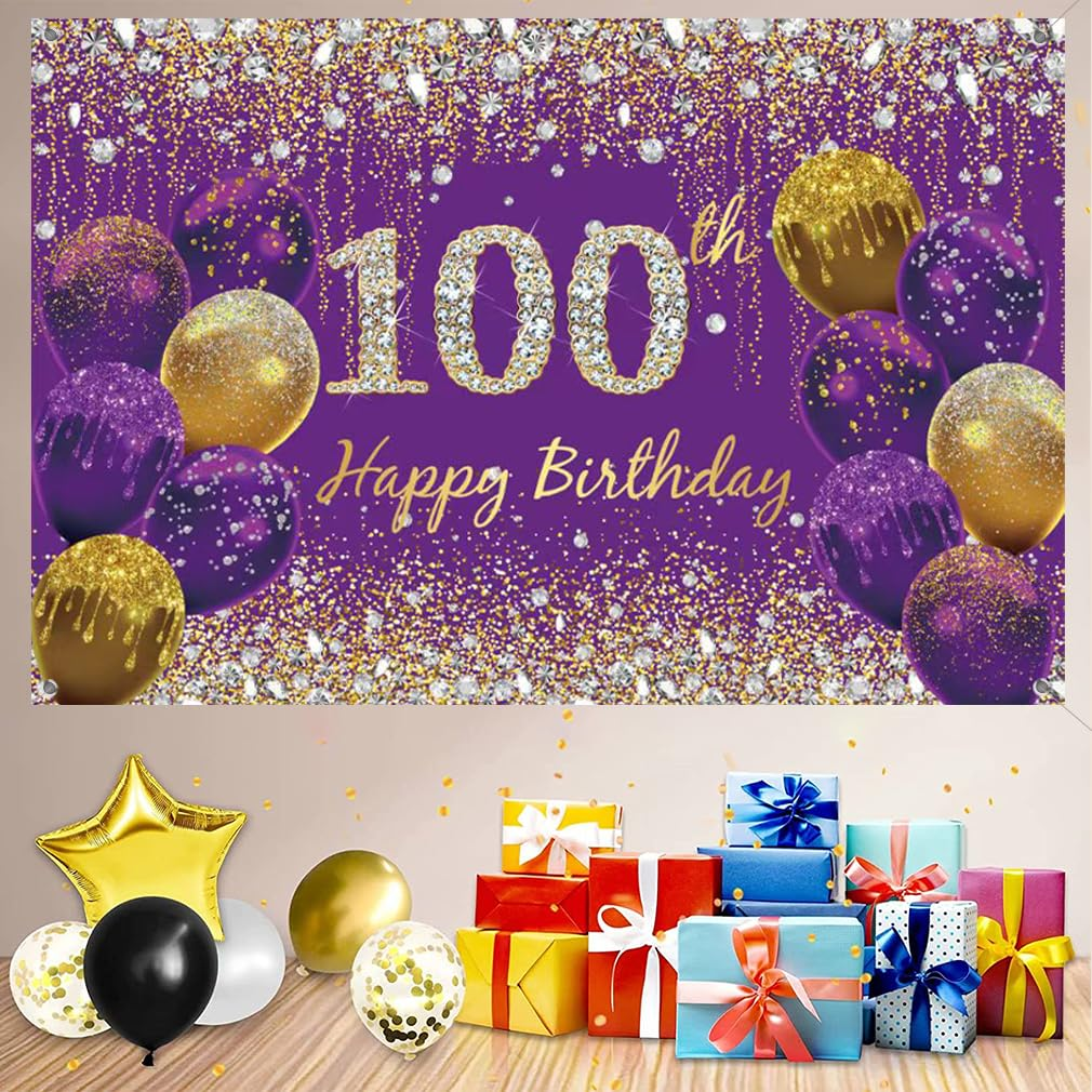 100Th Birthday Decoration Women, Purple Fabric Sign Poster Birthda Y Party Decoration, 100'Th B Irthday Background Banner Women, 100T H Birth Day Party Decoration, 59"X35.4"