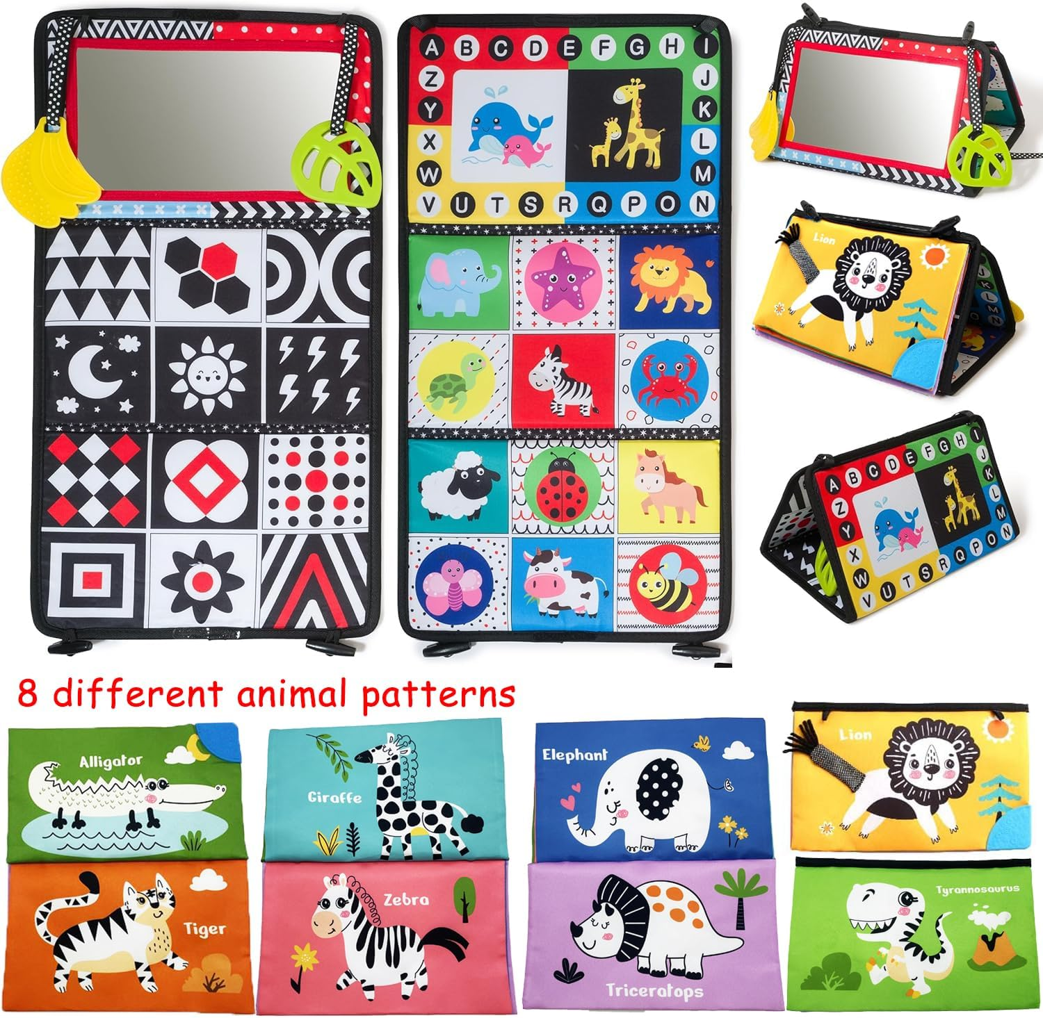 Tummy Time Floor Mirror, Black and White Baby Book, High Contrast Crinkle Cloth Book with Teethers, Activity Developmental Gift Toys for Infants Newborn Boys Girls 0-12 Months image number 3