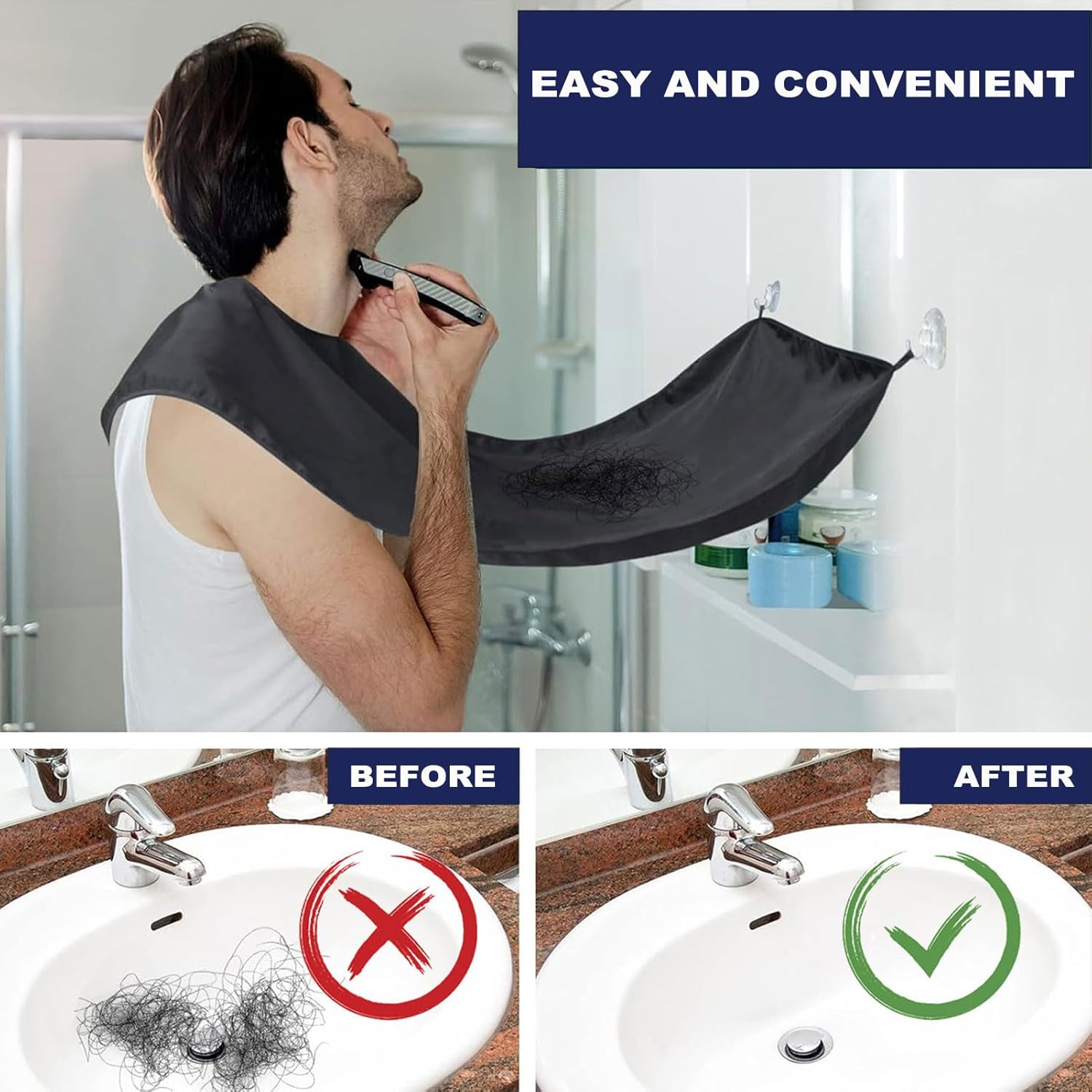 Beard Apron with Suction Cups & Beard Brush Set - Waterproof Beard Bib Apron for Men Shaving Catcher - Beard Hair Catcher for Sink - Black & White image number 5