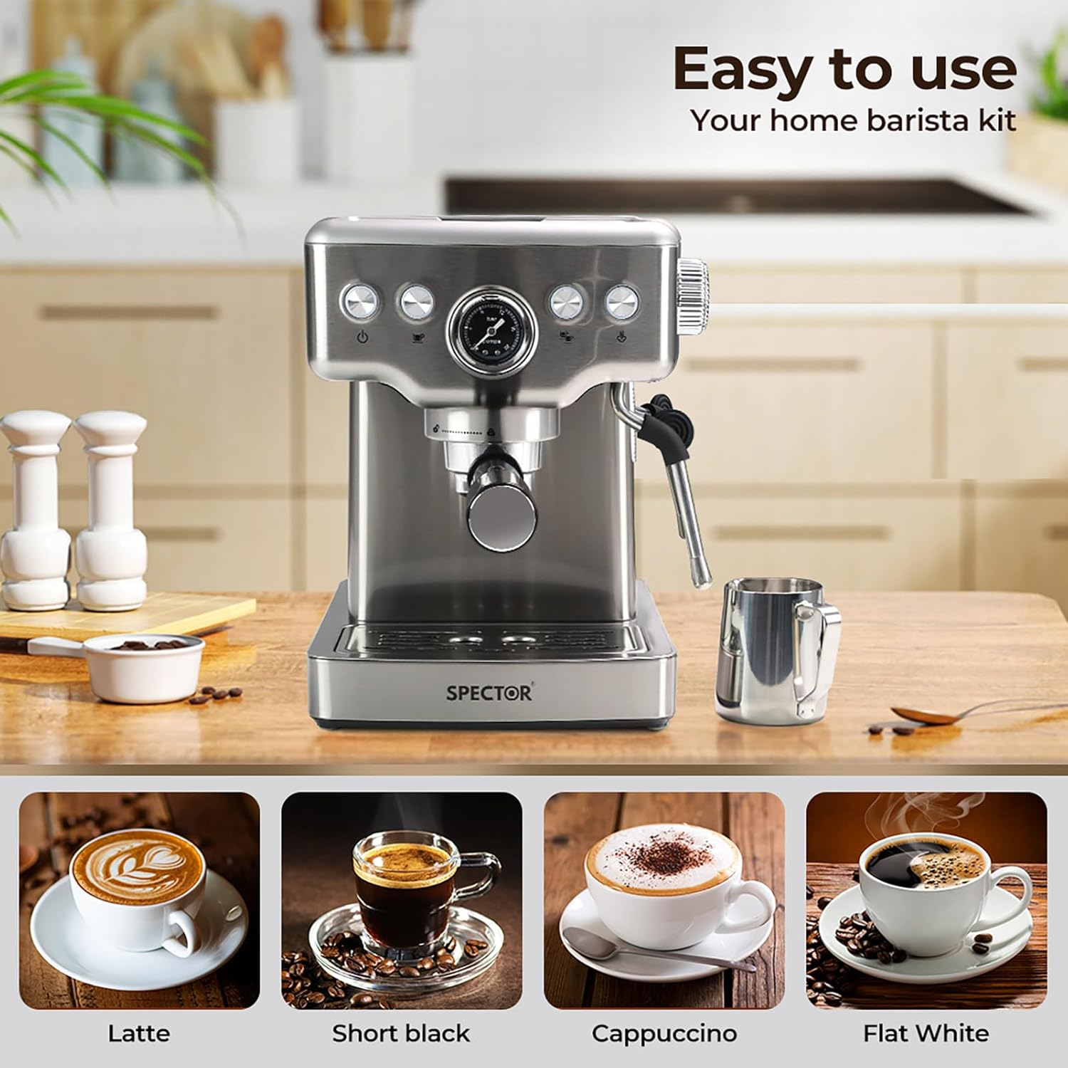 Spector Coffee Machine Espresso Latte Cappuccino Capsule Drip Coffee Maker Bean Grinder, LCD Pre - Soaking Feature - Steam Milk Frother 20 Bar Stainless Steel(21Cm X 26.5Cm X 29Cm, Silver) image number 2