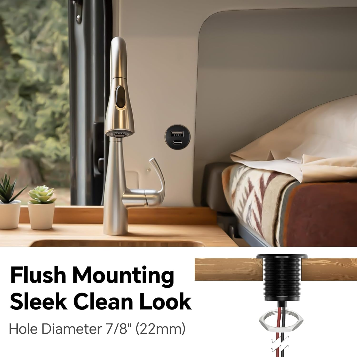 Camperxlite Full Aluminium USB C Socket 12 VDC for Motorhome, 24 W QC 3.0 Et 24 W PD 3.0 Car Quick Charger with All Ios/Android Devices, for Caravan, Trailer, Van, Truck, Car image number 2