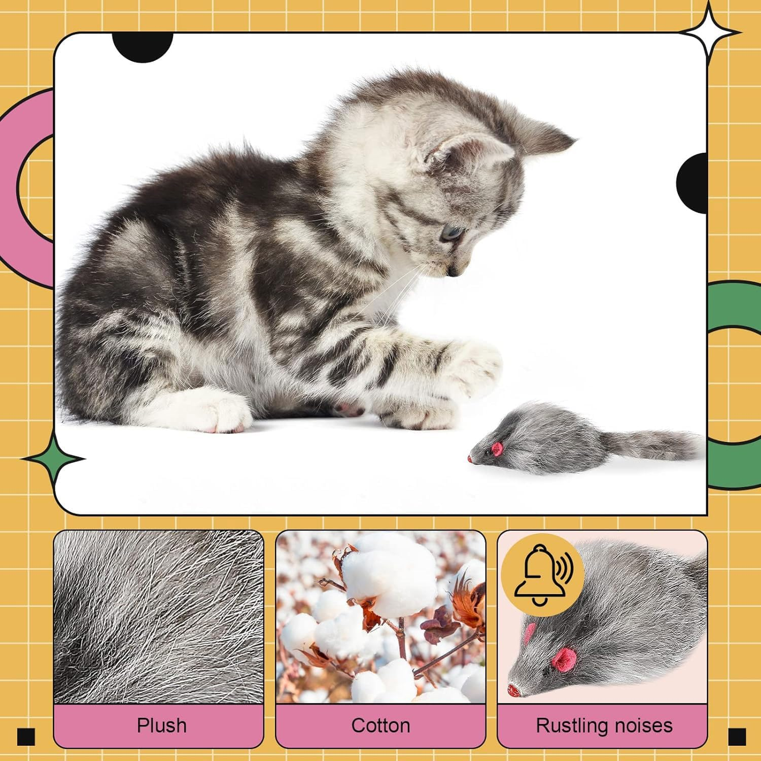 Sunshine Smile Pack of 12 Toy Mouse for Cats, Toy Mouse, Toy Mouse with Plush Tail, Toy Mouse Cat Fur Mice Set, Cat Toy for All Cat Breeds image number 6