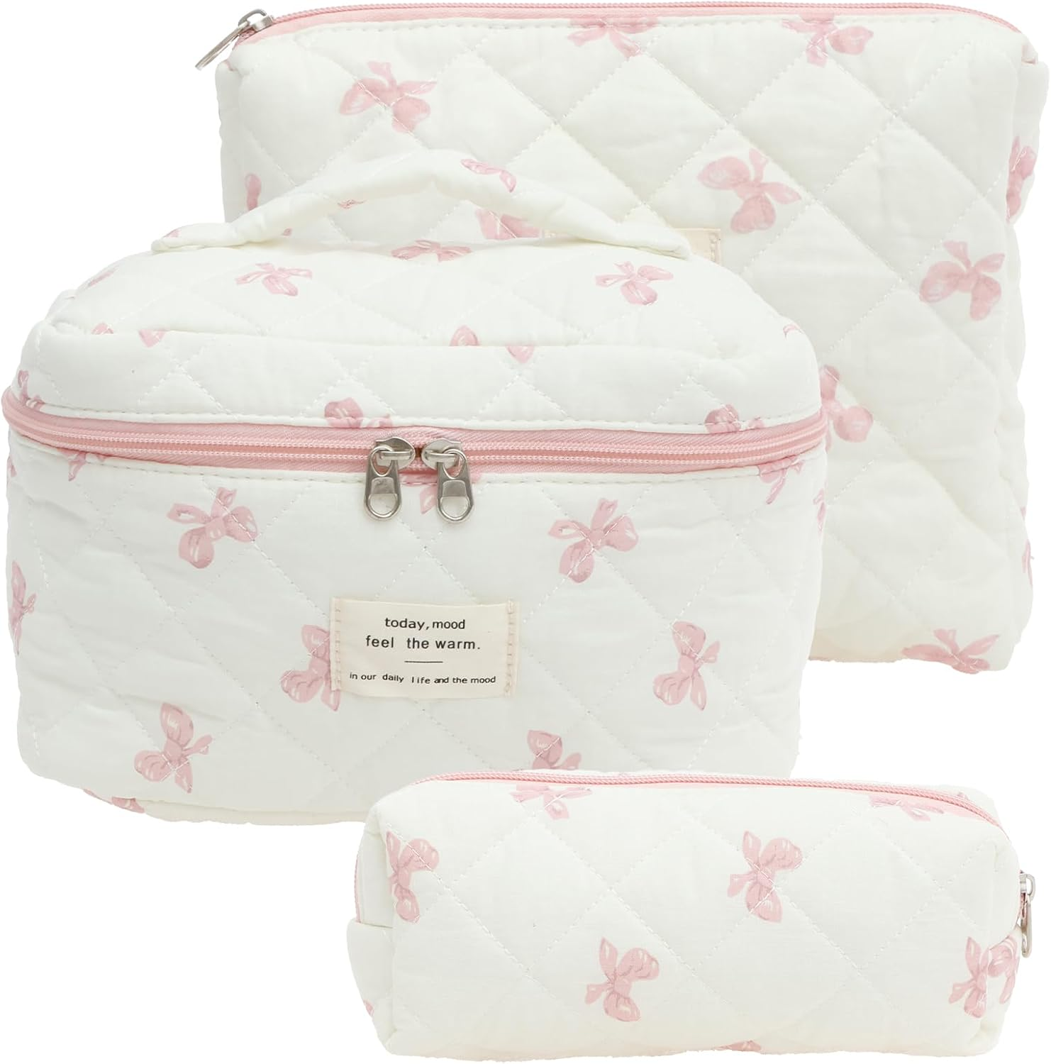 DJAPWPX 3 Pcs Makeup Bag, Cotton Quilted Cosmetic Bag, Cute Travel Makeup Pouch, Multifunctional Cosmetic Pouch Set for Women Girls Ladies (Pink)
