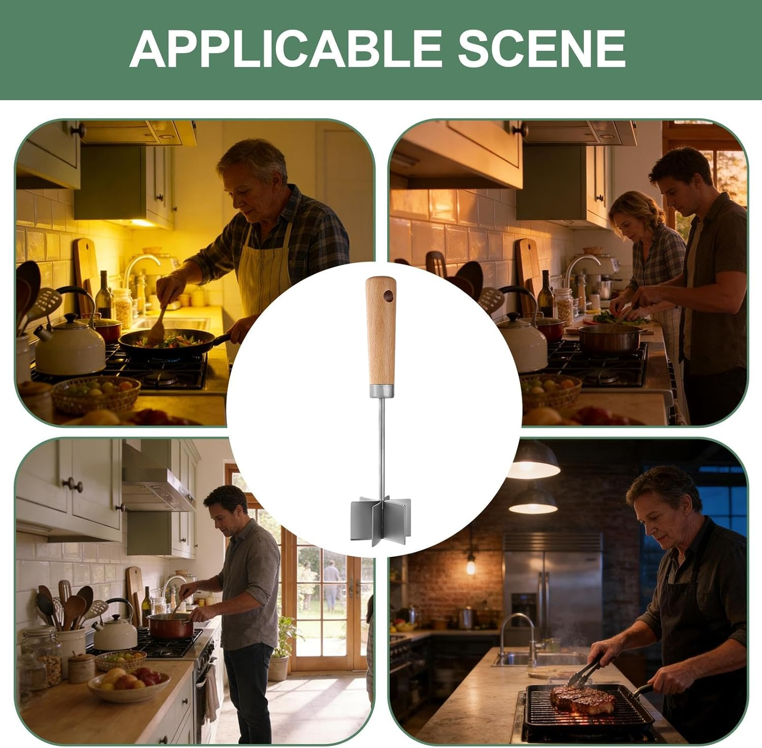 Meat Chopper for Ground Beef - Stainless Steel Kitchen Gadgets | Ground Meat Masher with Wooden Handle,For Sausage Patty Making Cooking Meal Prep Home - Sandblasting image number 4