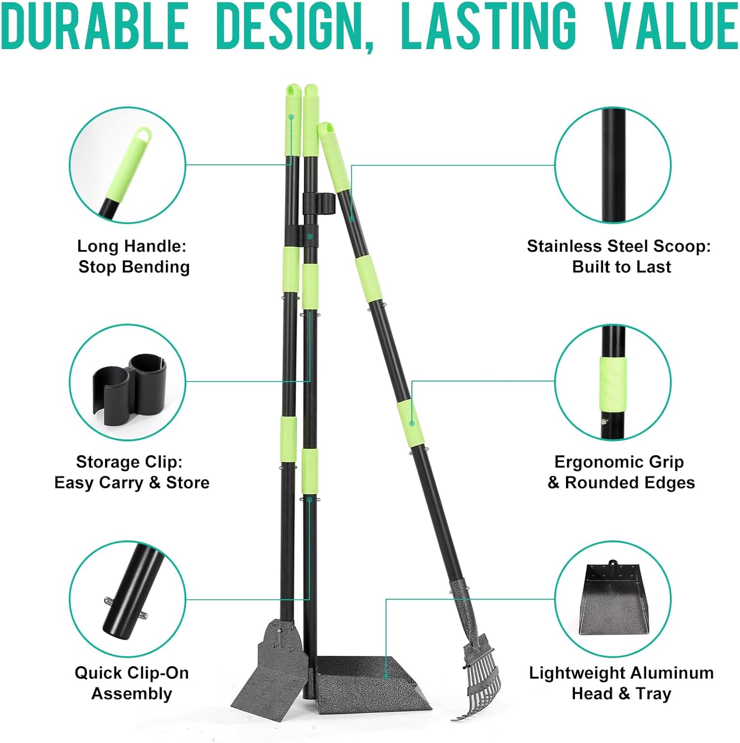 Stainless Steel Dog Pooper Scooper Set 3 in 1 - Rake, Shovel & Tray with 95Cm Adjustable Long Handle - No Bend Dog Poop Scoop for Grass, Yard & Gravel - Heavy Duty Rustproof Cleaning Kit image number 1