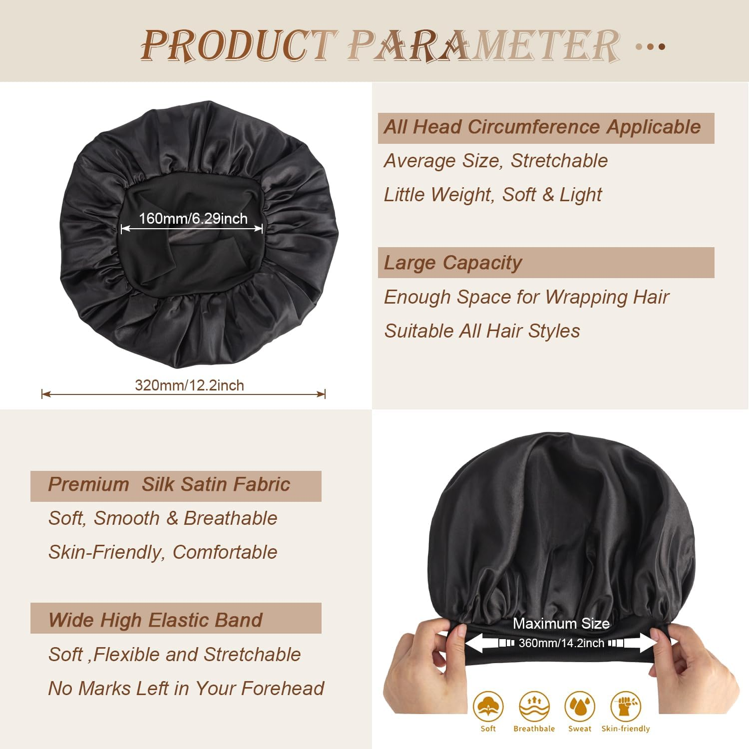 2PCS Silk Satin Bonnet for Sleeping, Soft Elastic Band Hair Bonnet for Women Curly Natural Hair, Double-Layer Silk Satin Sleeping Cap, Shower Cap for Women(Black&Golden) image number 4