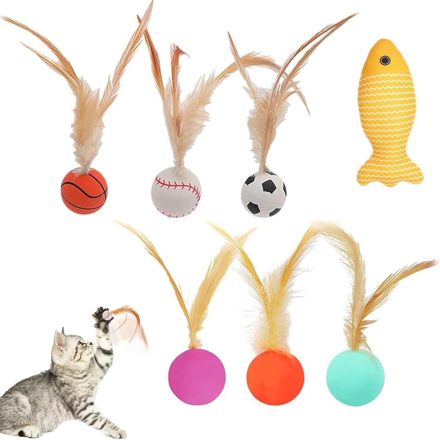 6Pcs Interactive Feather Ball Toy Set for Cats, Bouncy Cat Toys with Feather Tails for Training, Chasing, Hunting, and Exercise image number 4