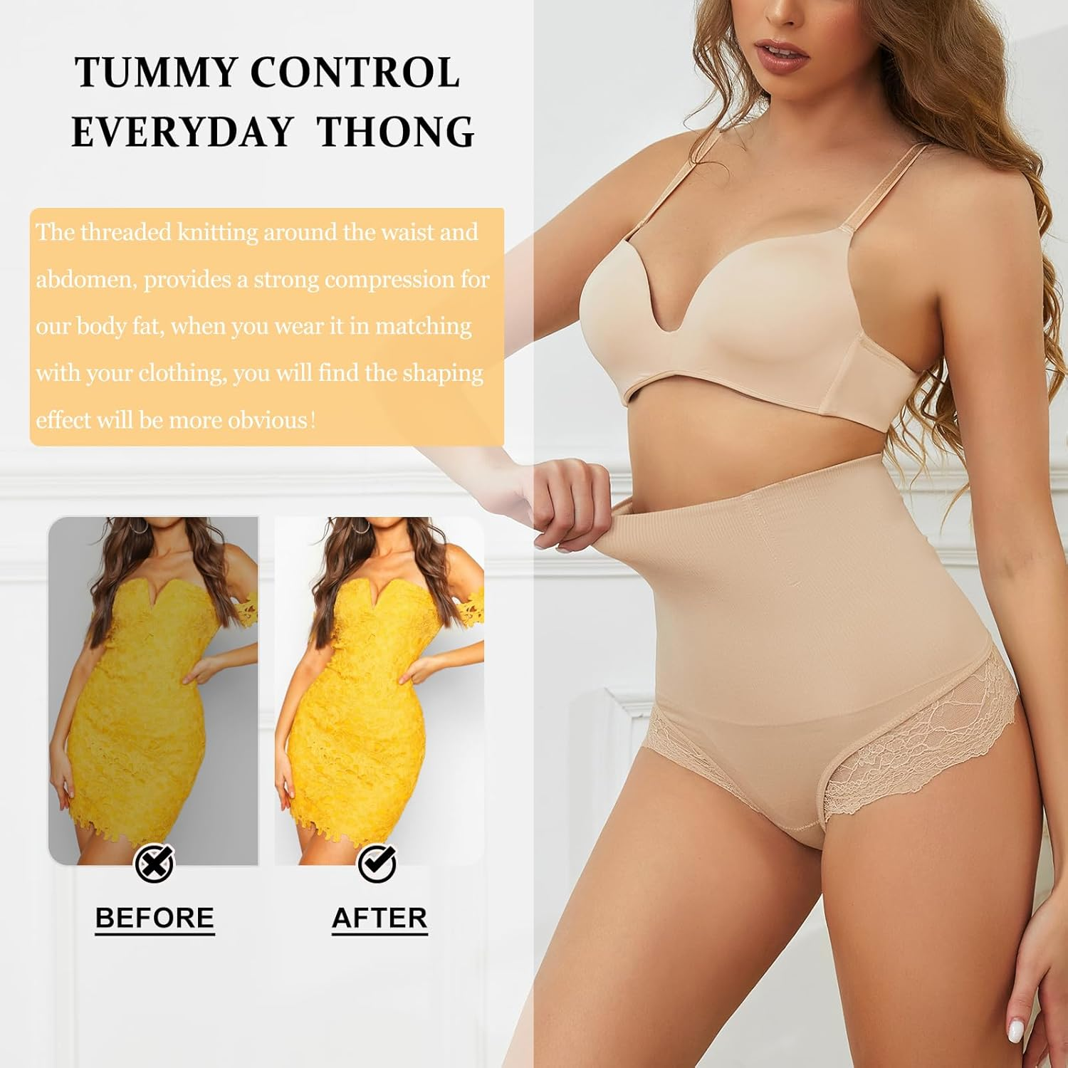 SURE YOU like Shapewear for Women Tummy Control Thong High Waisted Underwear Sexy Lace Body Shaper Seamless Panties image number 4