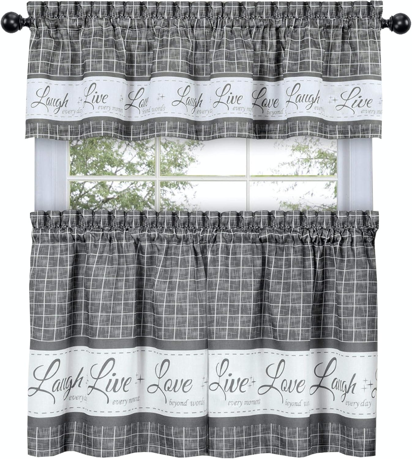 Goodgram Country Gingham Check Live~Laugh~Love 3 Pc. Caf&eacute; Plaid Kitchen Curtain Set - Assorted Colors & Sizes (Gray, 36 In. L)