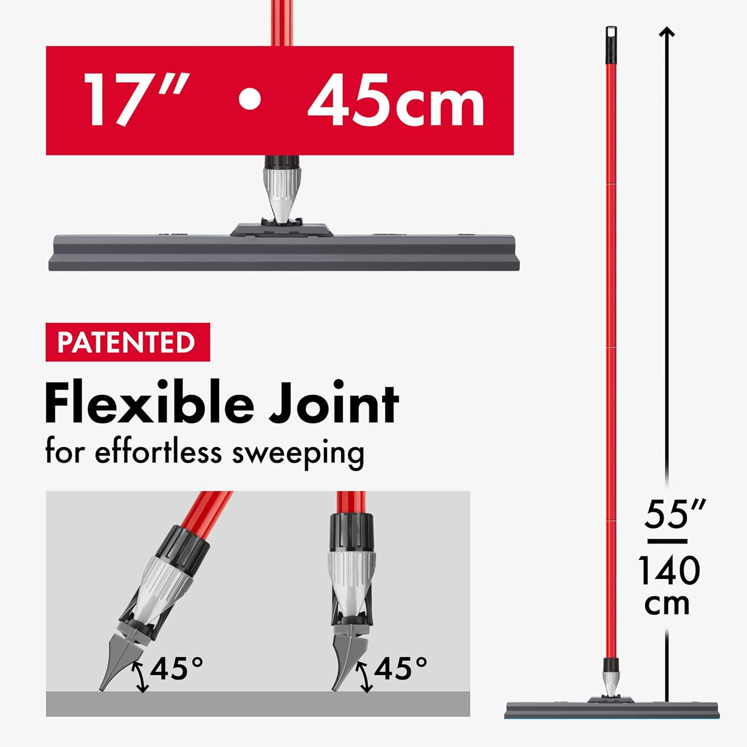 Tyroler Bright Tools Patented Floor Squeegee Heavy Duty 45 Cm, Solid 100% Silicone, Long 4 Parts Handle 140 Cm, Adjustable Knuckle Joint - Best for Washing, Drying, Bathroom, Wet Room, Floor