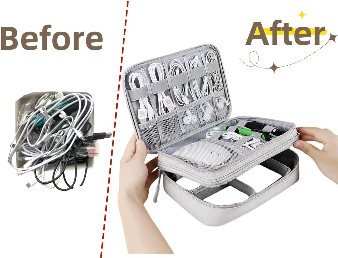 Travel Electronics Organizer Waterproof Double Layer Cable Storage Bag for Electronic Accessories, Large Shockproof Case for Cords, Tablets, Power Banks Organizer Bag MT-Y (Pink) image number 4