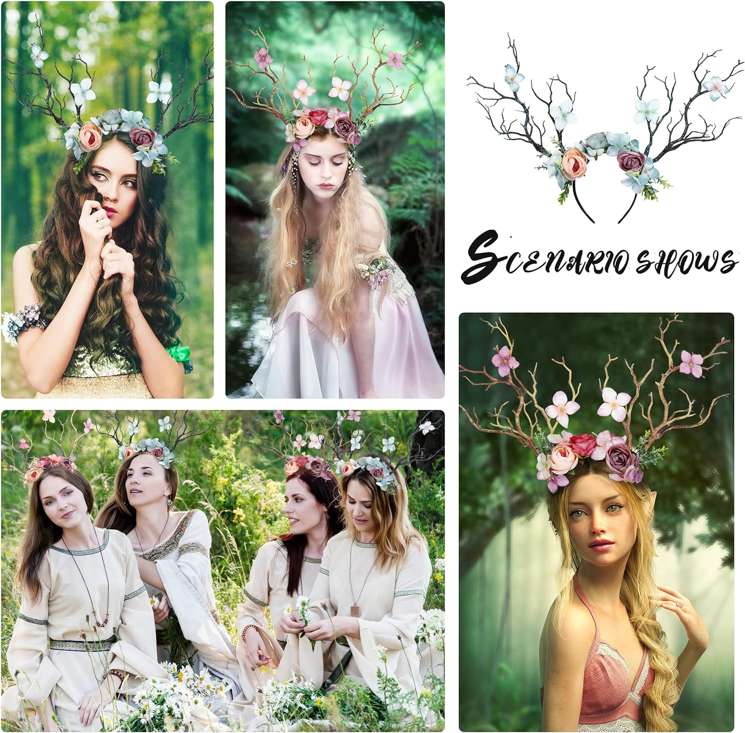 FRESHME Fairy Antlers Flower Crown - Handmade Elf Deer Reindeer Headbands Headpiece for Women Renaissance Cosplay Accessories - Green image number 2
