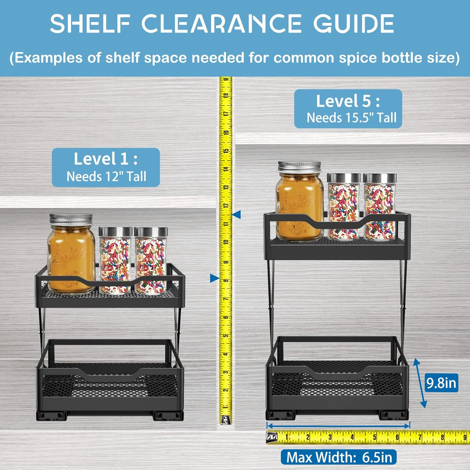VOGWOLTH Spice Rack Organizer for Cabinet Seasoning Pull Out Pantry Kitchen Closet Storage Shelf Sliding inside Cabinets Organization Height Adjustable Heavy Duty Metal Basket image number 3