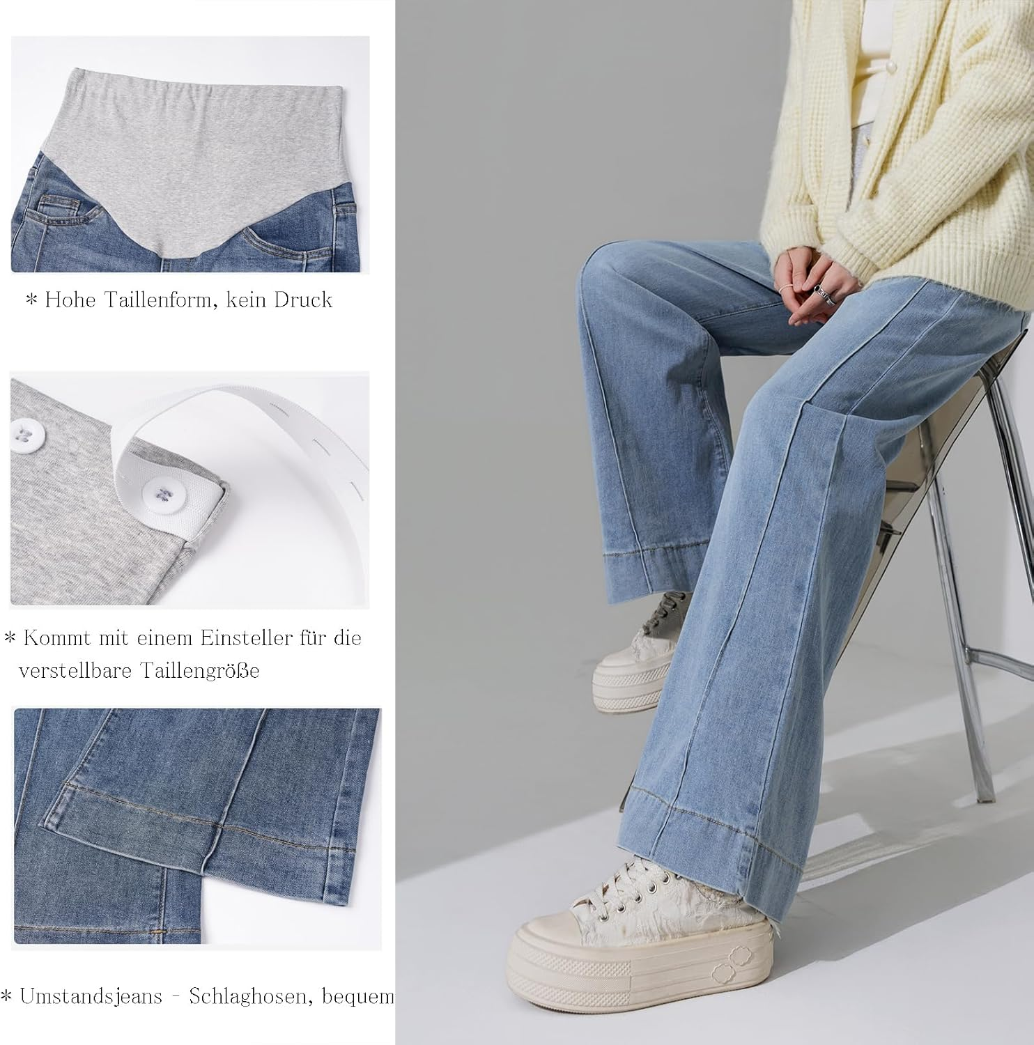 Pregnant Jeans Trousers Women'S Adjustable Waistband Wide Bootcut/Flare Stretch Denim Lounge Trousers with Pockets for Small Women up to 170 Cm image number 1