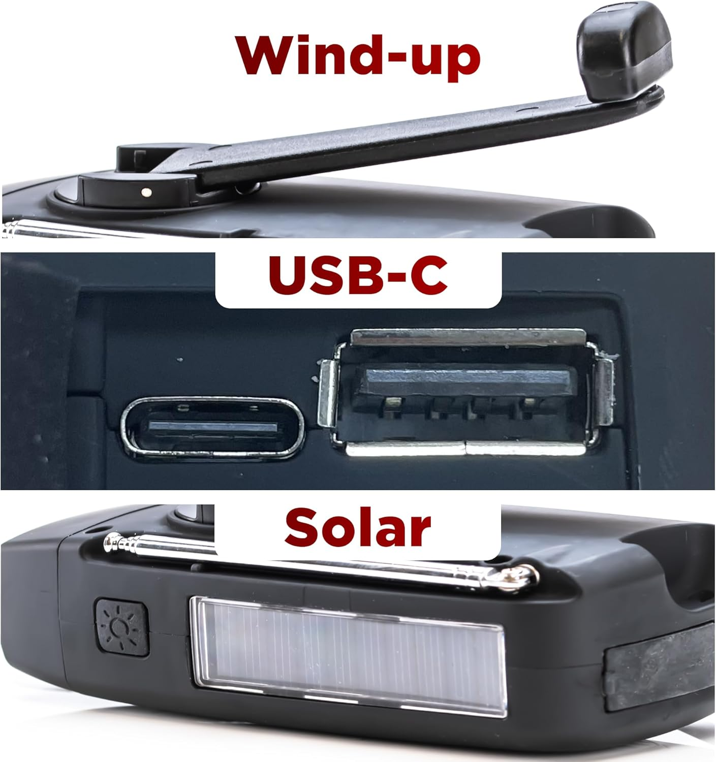 Status IONOS Multifunctional Portable Wind up Radio, FM/AM/WB, Solar and Hand Crank Powered, 3 LED Torch and USB Charging, 4.5Hr Playtime, Emergency and Outdoor Essential, Black, ALMERE1PKB6 image number 2