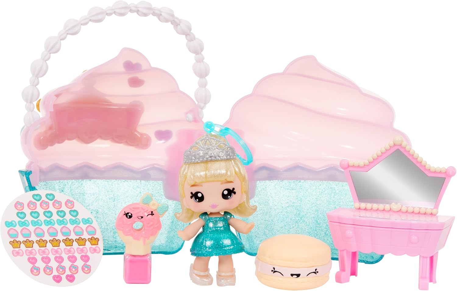 Yummiland Beauty Bag Playset + Lip Gloss Doll - Cupcake Bag Includes Exclusive Callie Birthday Cake, Nail Polish + Nail Stickers, Body Shimmer, Doll Playset, Cosmetic Play 4+