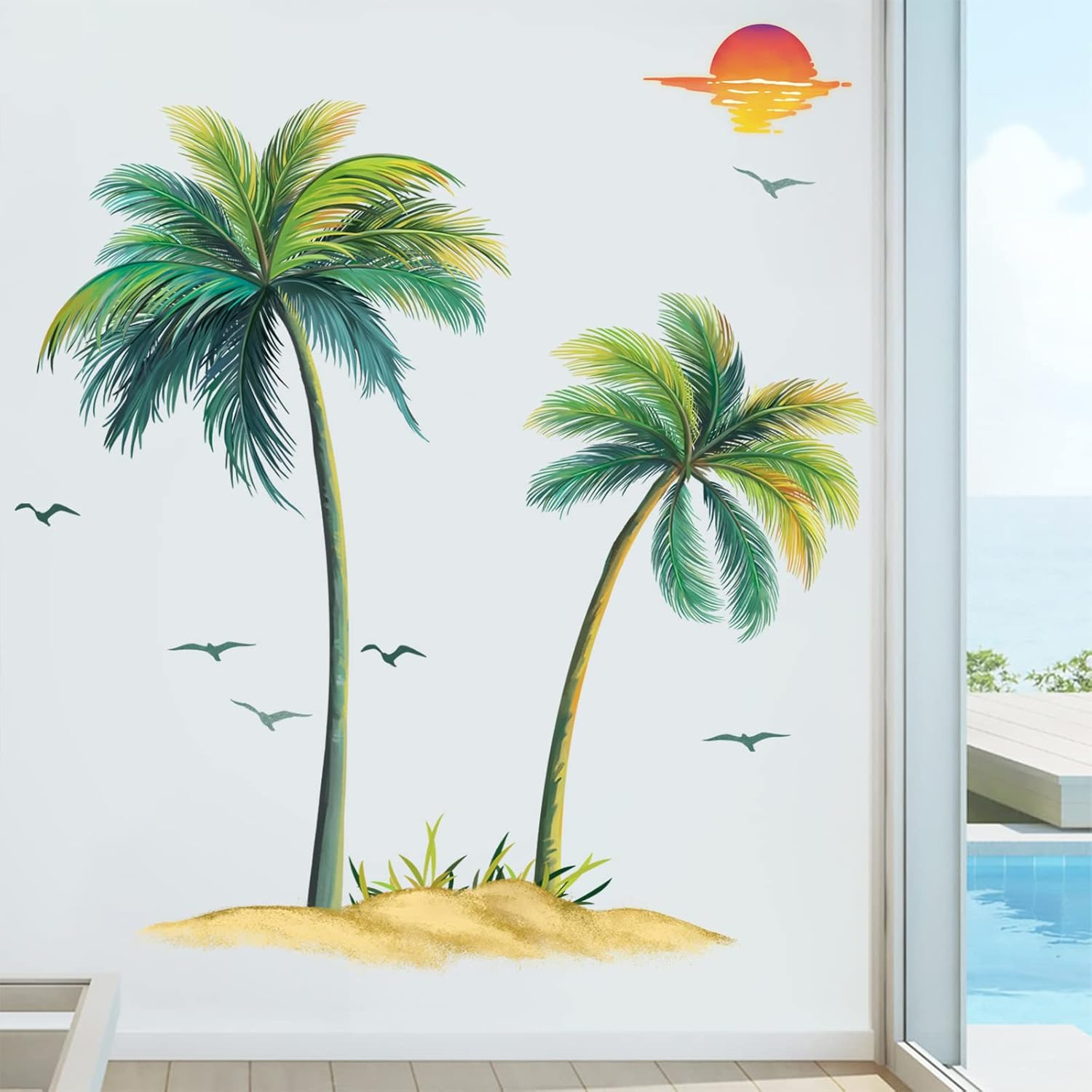 Decalmile Palm Tree Wall Decals Tropical Plant Bird Wall Stickers Bedroom T Wall Living Room Wall Decor (Tree Height: 51/39 Inch) image number 1