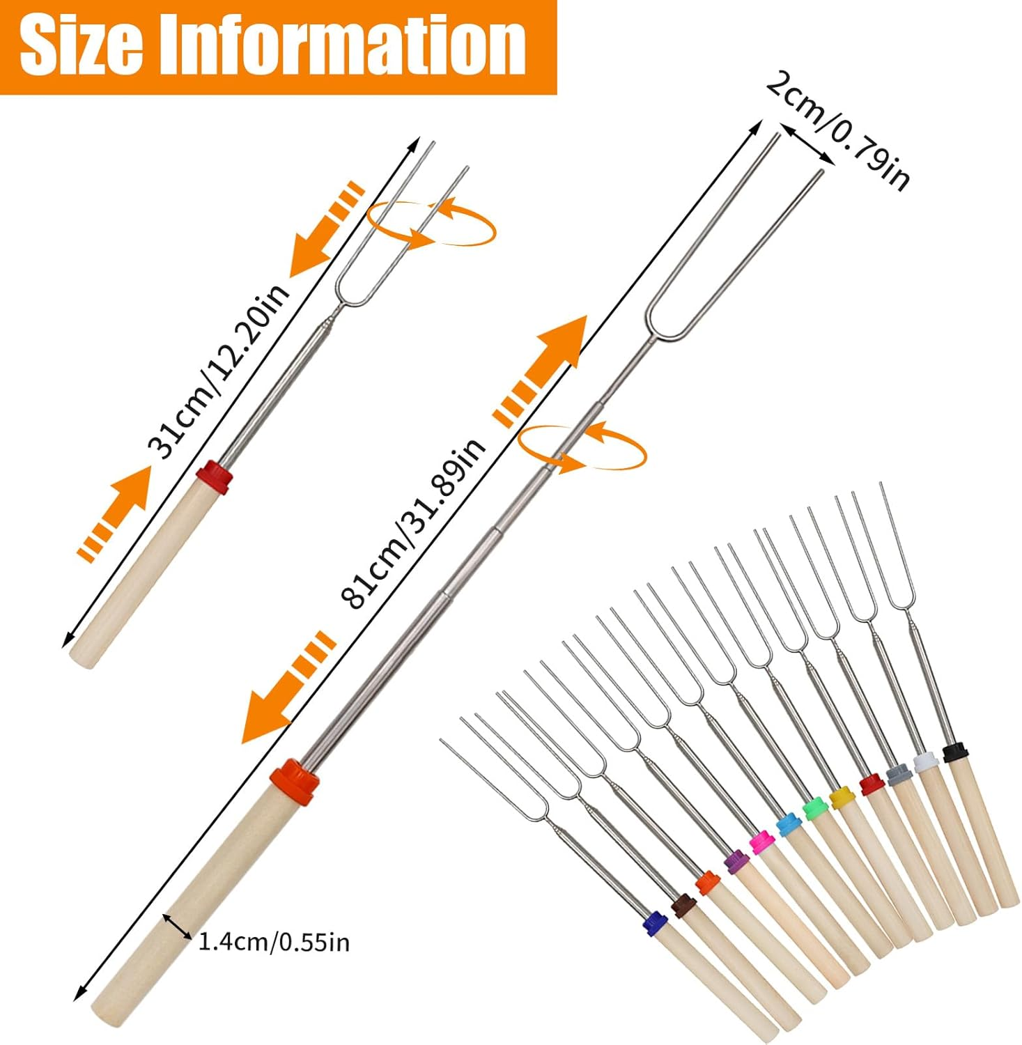 12 Pack U-Shape Marshmallow Toasting Kit, Extendable Stainless Steel Roasting Sticks with Canvas Pouch, Wooden Handle Hot Dog Skewers Toasting Fork for Camping, Picnic, Fire Pit, BBQ, Campfire Party