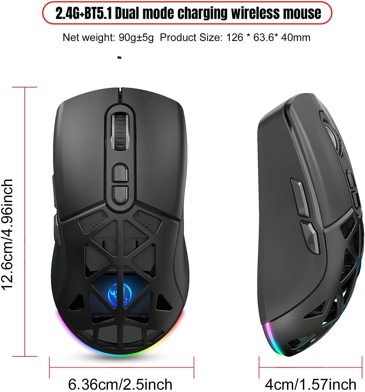 Anberyoo Wireless Gaming Mouse, BT5.1 + 2.4G Dual Mode 7-Button Esports Gaming Mouse with USB Receiver, up to 4800 DPI, Rechargeable RGB Backlight Wireless Mouse for Mac, Laptop, Computer, PC (Black) - Black image number 6