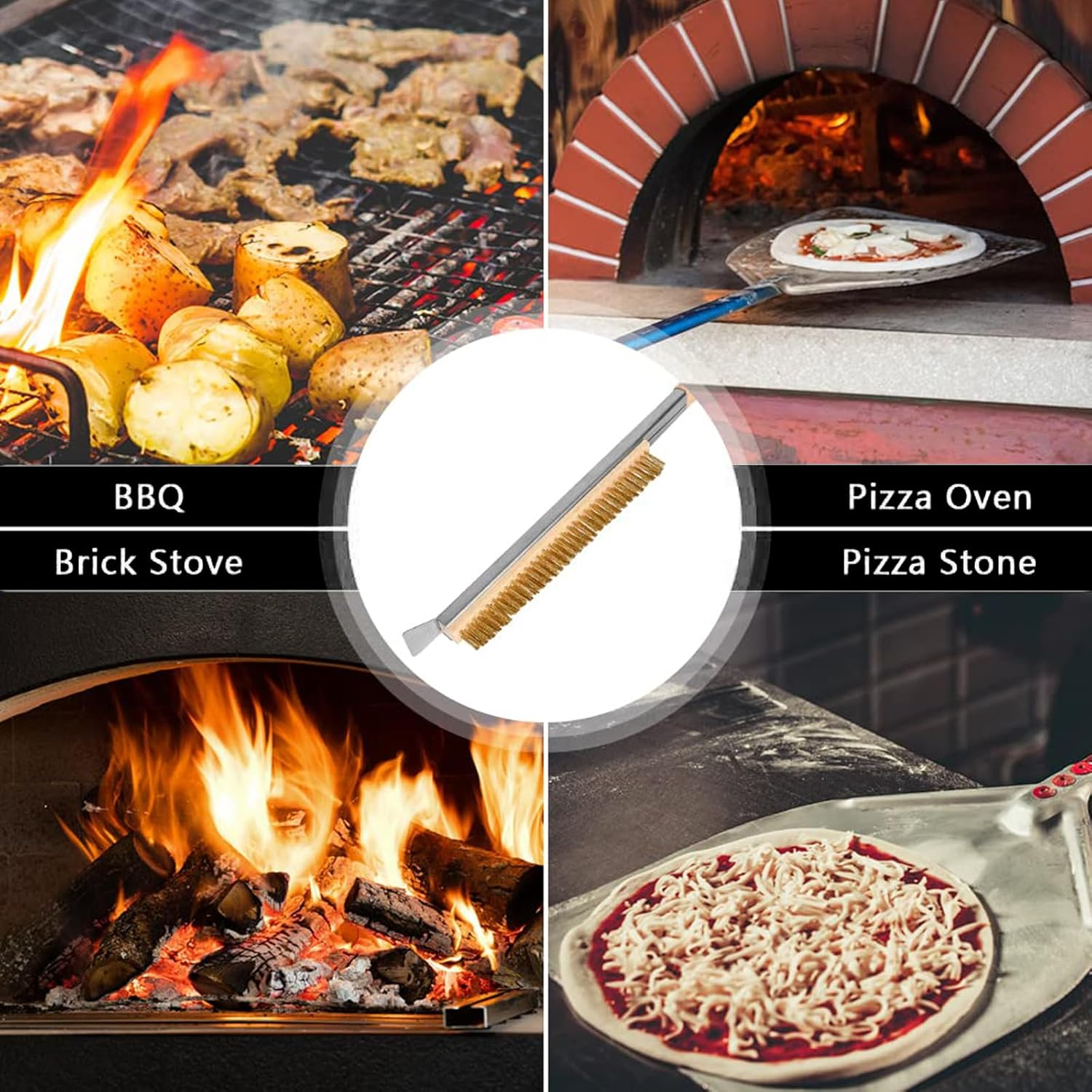 Pizza Oven Brush, 21.8" Brush and Stainless Steel Scraper for Pizza Stone, BBQ Grill Cleaning Brush Non Scratch Heat Proof Brass Bristles with Screwdriver, Outdoor Pizza Oven Accessories image number 1