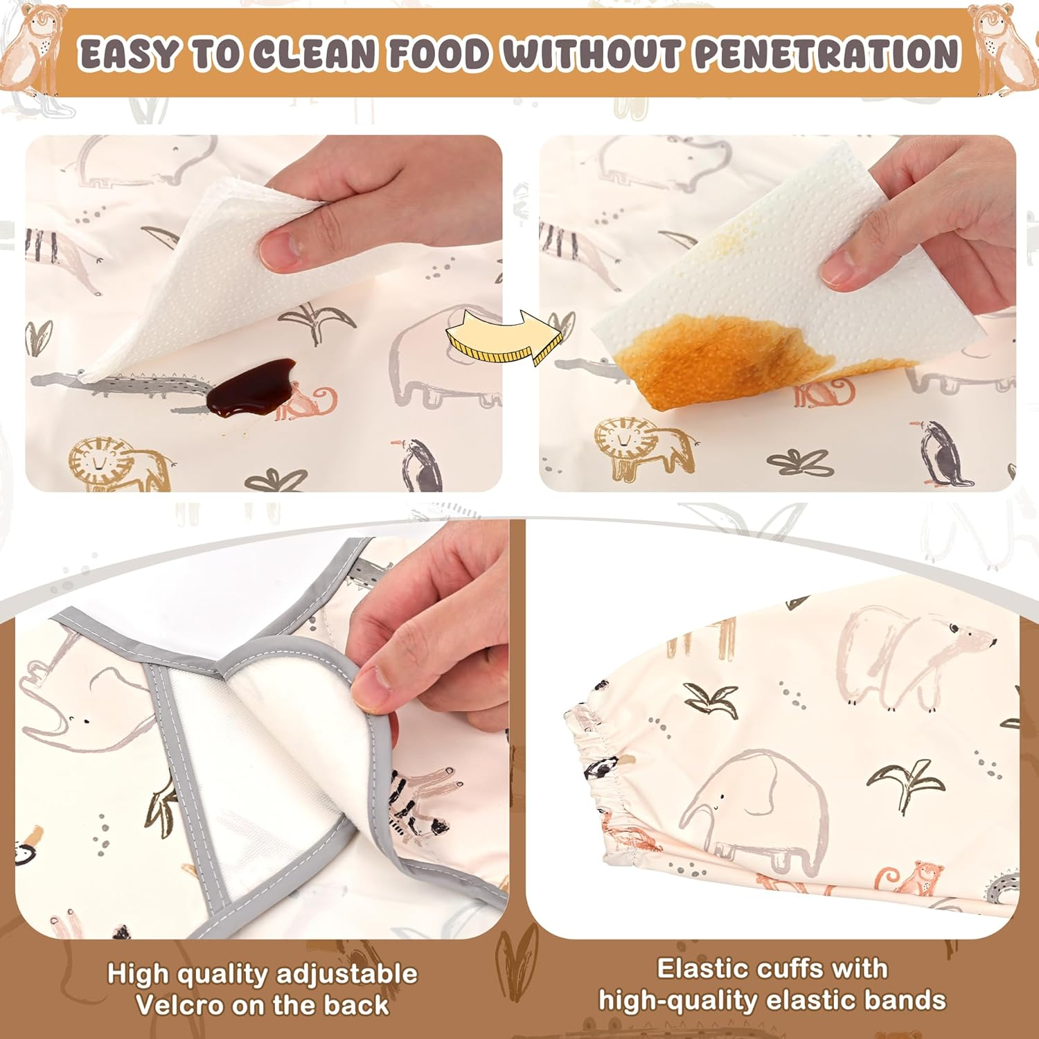 Little Dimsum Mess-Proof Baby Bibs|Infant Toddler Long Sleeve Waterproof Feeding Smock|Catching Food & Wipe Clean(Zoo)