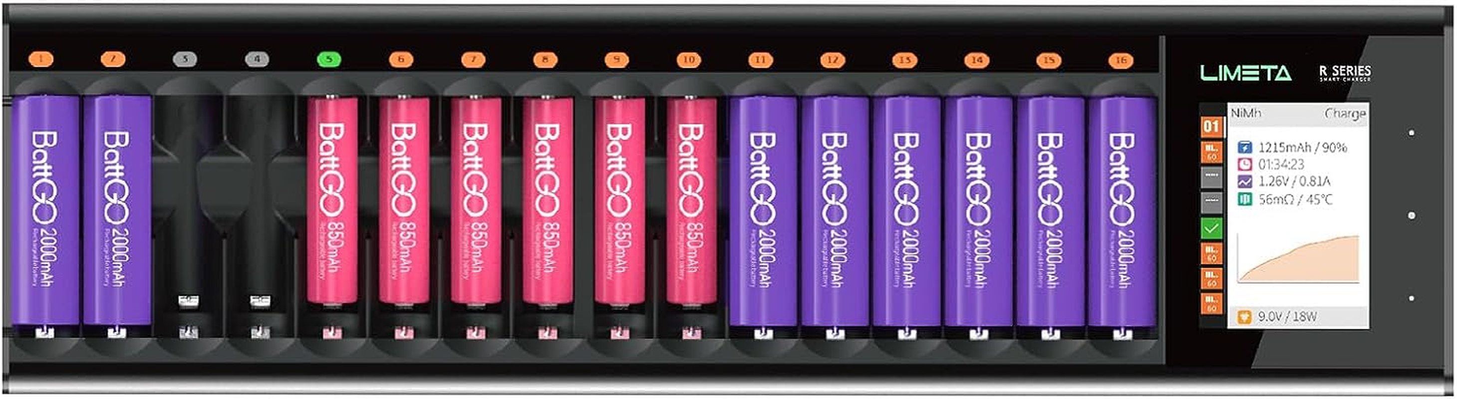 LIMETA 16 Slots Smart Battery Charger,Speedy Fast Charging Function with LCD Display,Universal Battery Charger for AA AAA Li-Lon, Lihv, Nimh, Nicd, Hife, Nizn Rechargeable Batteries image number 6