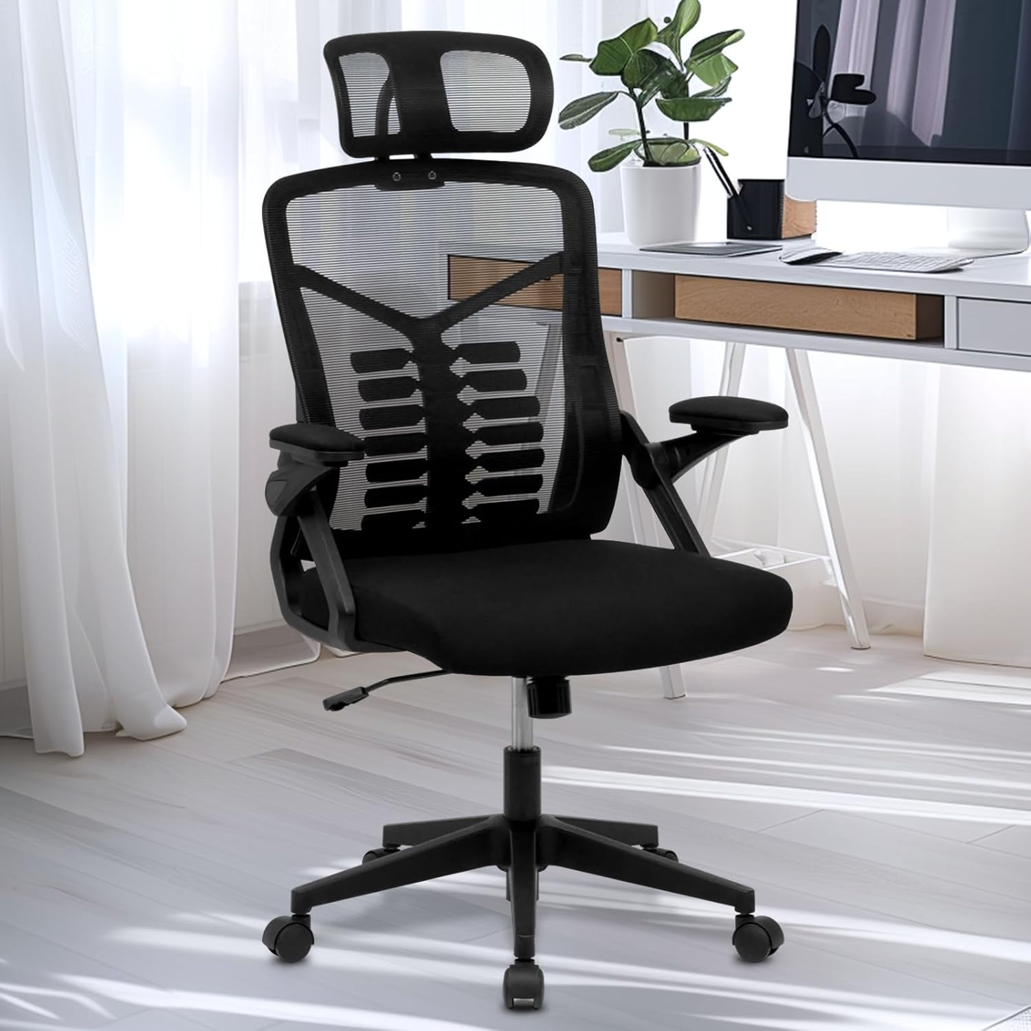 Advwin Ergonomic Office Chair - Mesh Office Chair with Flip-Up Armrests, High Back Desk Chair Swivel Computer Chair, Height Adjustable & Rocking Study Chair Task Chair for Home Office Black