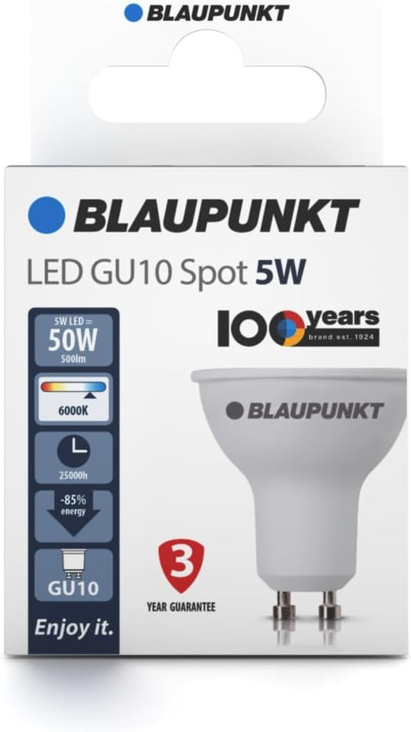 Blaupunkt LED GU10 Spot LED Lamp, 5W, Replaces 50W Incandescent, Cool White 6000K, Cold Light, Non-Dimmable, 500 Lumen, Light Bulb, Room Lighting, 1 Piece (Pack of 1)