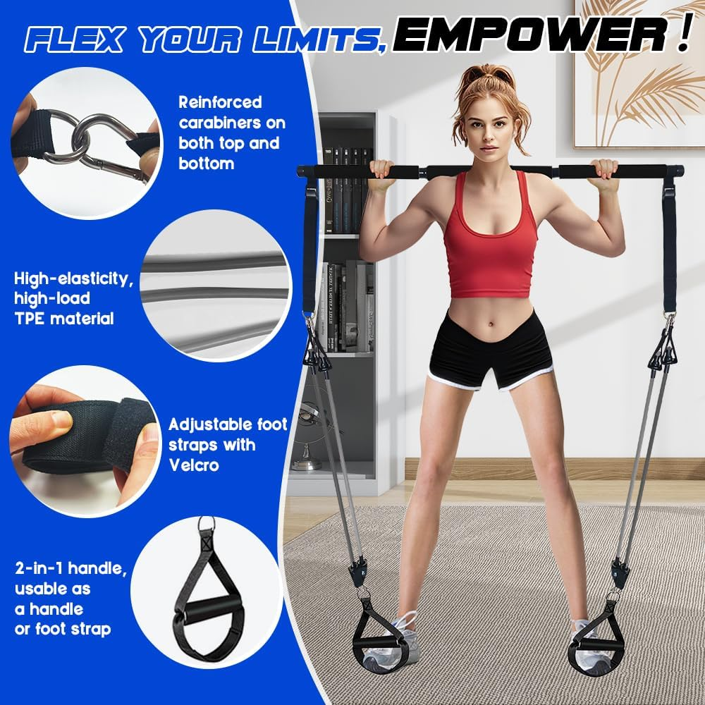 Pilates Bar Kit with 180LBS Resistance Bands(20,30,40 LB),21PCS Pilates Equipment Exercise Bar with Ab Roller, Portable Home Gym Fitness Pilates Bar for Women & Men