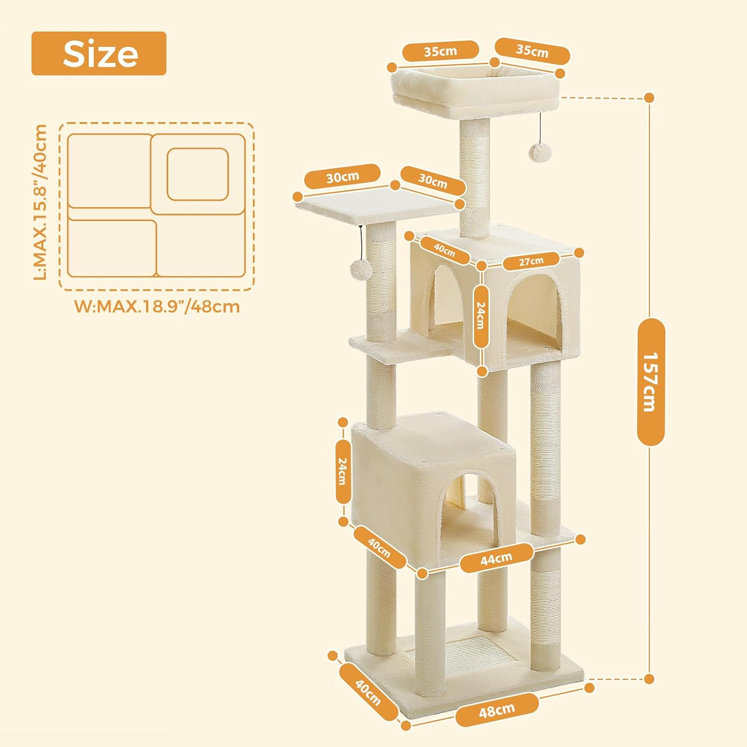 PAWZ Road Cat Tree, 157Cm Cat Tower for Indoor Cats, Multi-Level Cat Furniture with 4 Scratching Posts, 2 Top Perches, 2 Large Condos, Beige image number 6