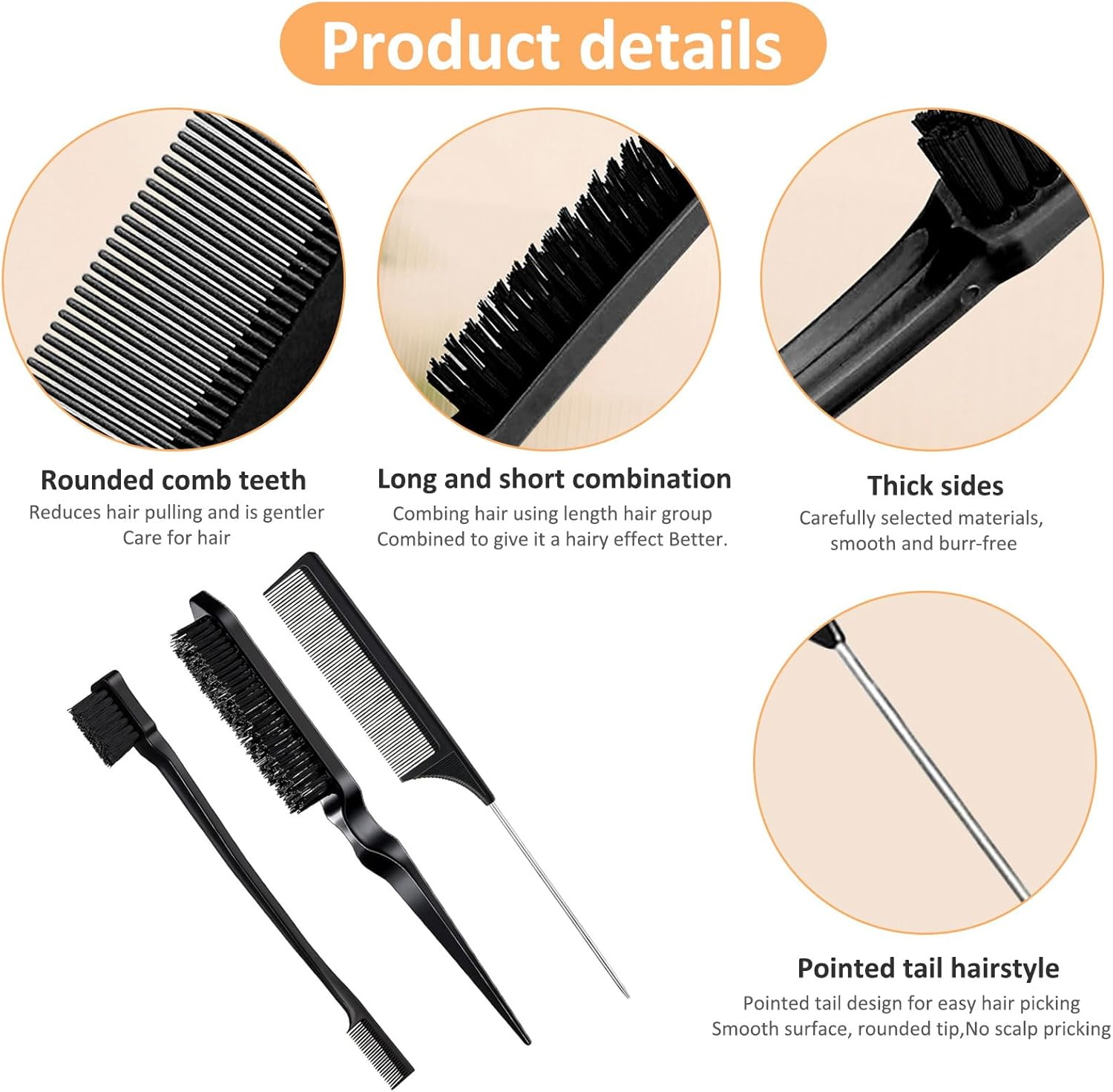 Daryunk 3 Pieces Hair Brush, Teasing Comb, Double Sided Hair Edge Brush, Rat Tail Comb, Plastic Bristle Hair Brush, for Teasing Hair Slicking Brushing Combing Styling