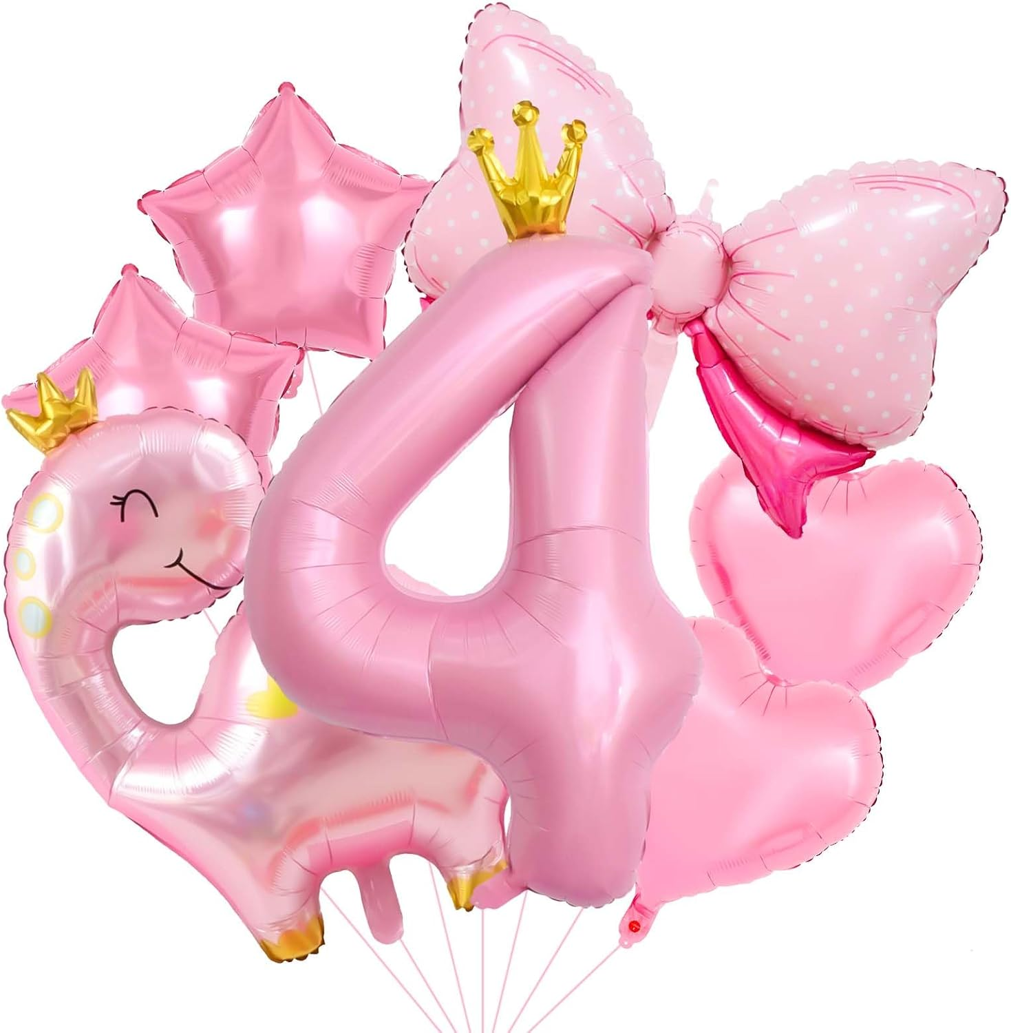 40 Inch Number Balloon Pack, Cute Crown Dinosaur and Star Bow Heart, Pastel Pink Dino Birthday Decoration for Girls (4) image number 5