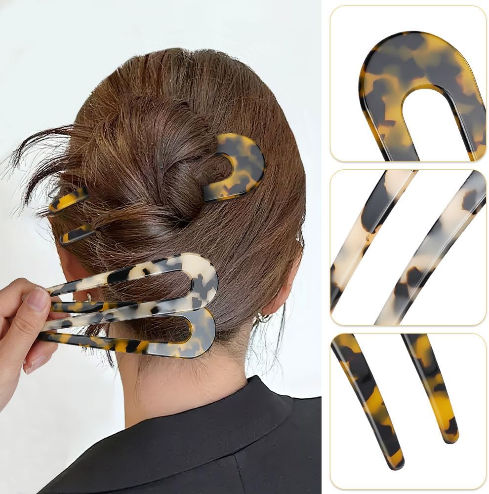 AYESY French Hairpin, 2 Pieces U-Shaped Hair Pins Acetate Tortoiseshell Fork Rods Delicate French Twist Pins for Bun Girls and Women Hair Fork Hairstyle Accessories image number 1