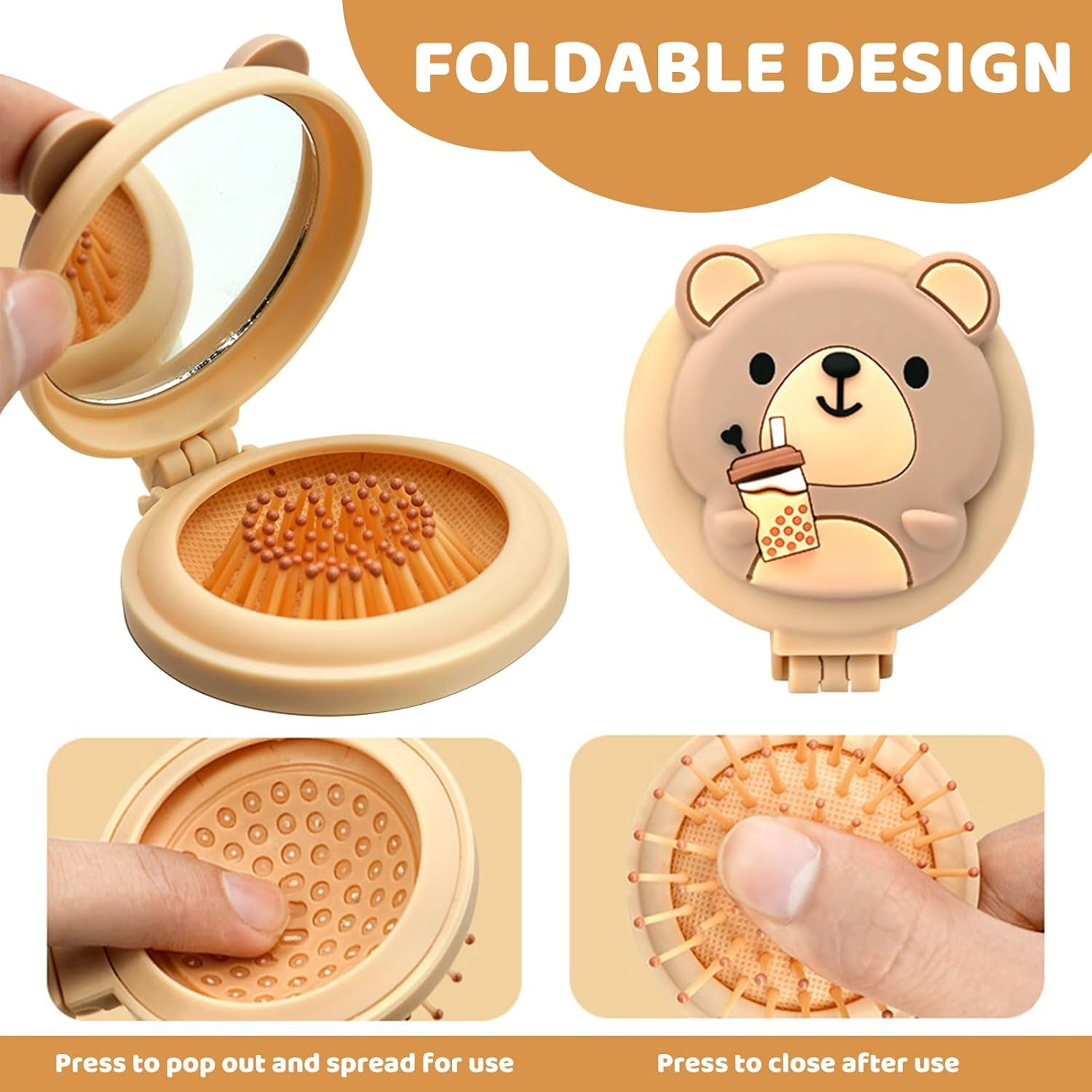 Muorruo Mini Travel Hairbrush for Kids, round Folding Mirror and Small Hairbrush for Boys and Girls, Baby Detangling Brush, Massage Hairbrush with Air Cushion for Thick Hair (Beige) image number 1