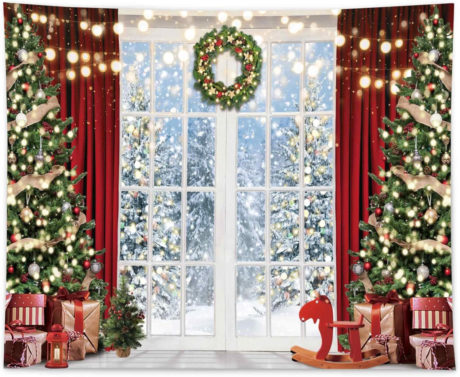 Allenjoy 96" X 72" Christmas Window Backdrop for Photography Winter Merry Xmas Tree Background Snow Holiday Photobooth Portrait Party Banner Festival Photo Studio Props Supplies