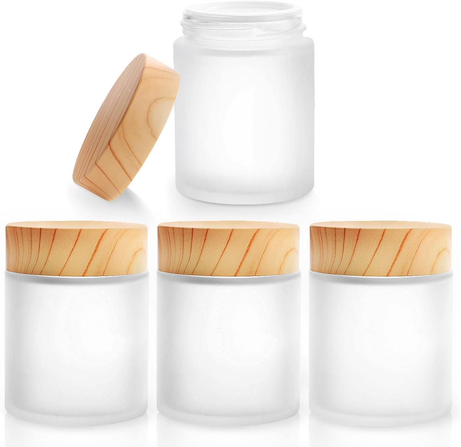 4 Pack 100G/3.4Oz Frosted Glass Cream Jars Refillable Cosmetic Containers Translucent Sample Jar Pot with Plastic Wood Grain Lids for Lotion Cream Eyeshadow Moisturiser Make Up image number 3