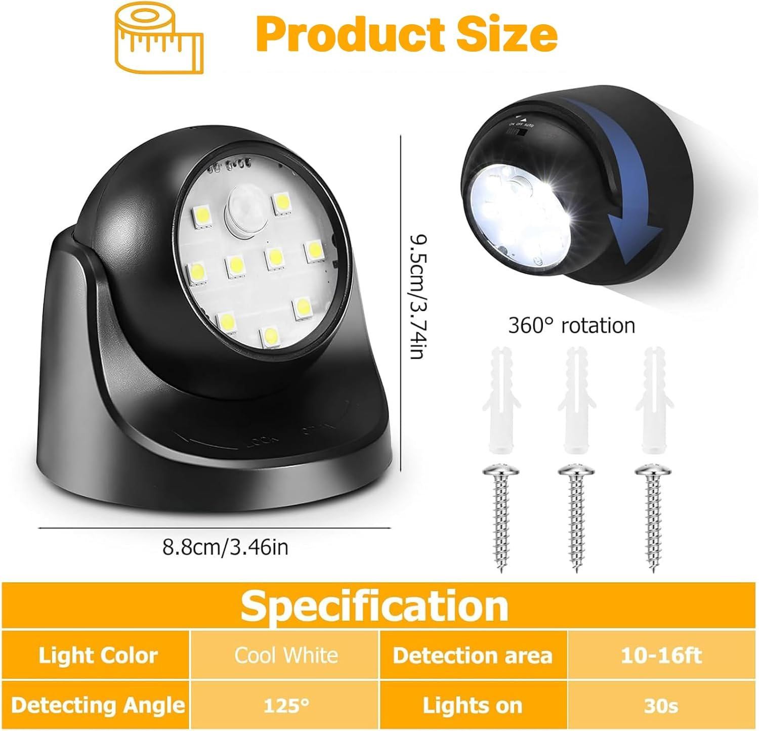 Rhoyee Operated Motion Sensor Lights Outdoor, 2 Pack Wireless LED Security Spotlight, 100 Lumens, IP44 Waterproof, 360&deg; Adjustable, Auto On/Off Wall Lights for Porch, Garage, Stairs, Hallway image number 3