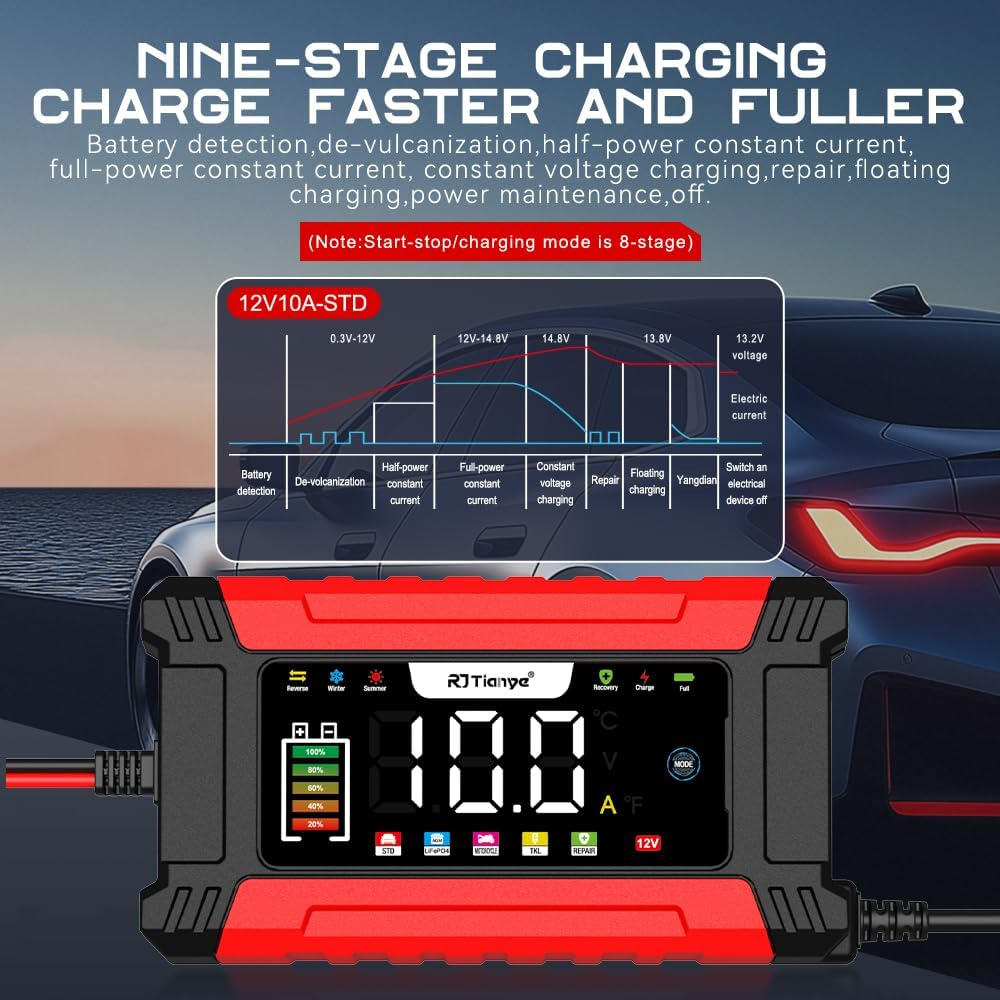 AILRINNI 10-Amp Car Battery Charger, 12V Smart Car Battery Charger AU Plug,Trickle Charger for Car - Smart Fully-Automatic Battery Maintainer with Temperature Compensation and LCD Display